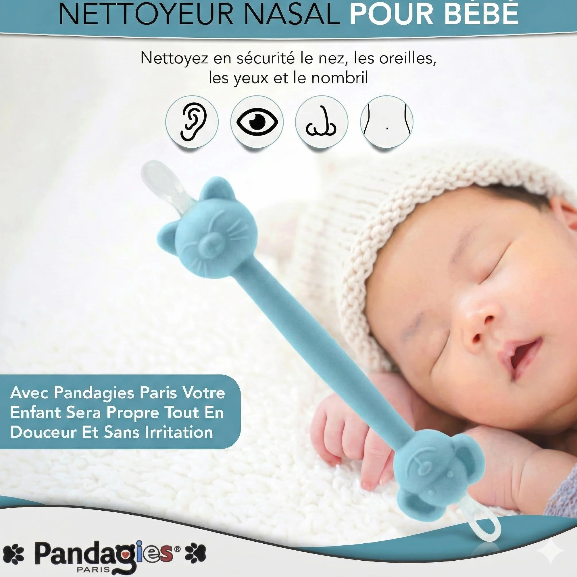 Cure Nez Bébé Sécurisé Nettoyeur Nasal Manuel Double Embout Boucle Anti-Insertion Hygiène Nasale Nourrisson Enfant Réutilisable Bleu
