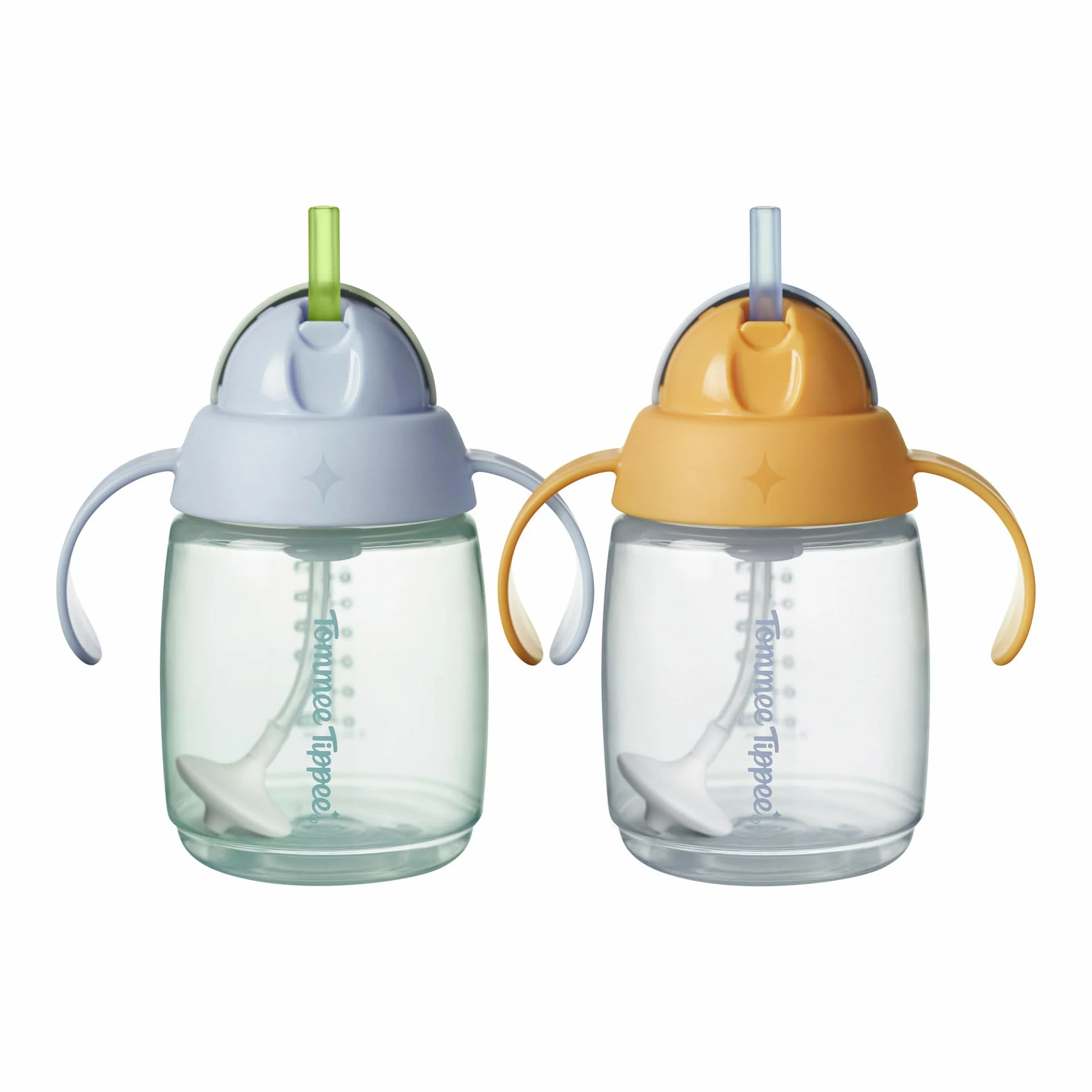 Tommee Tippee Tasse à paille d'apprentissage 240ml pour nourrissons 6 mois+ avec paille lestée silicone poignées Bleu Orange x2