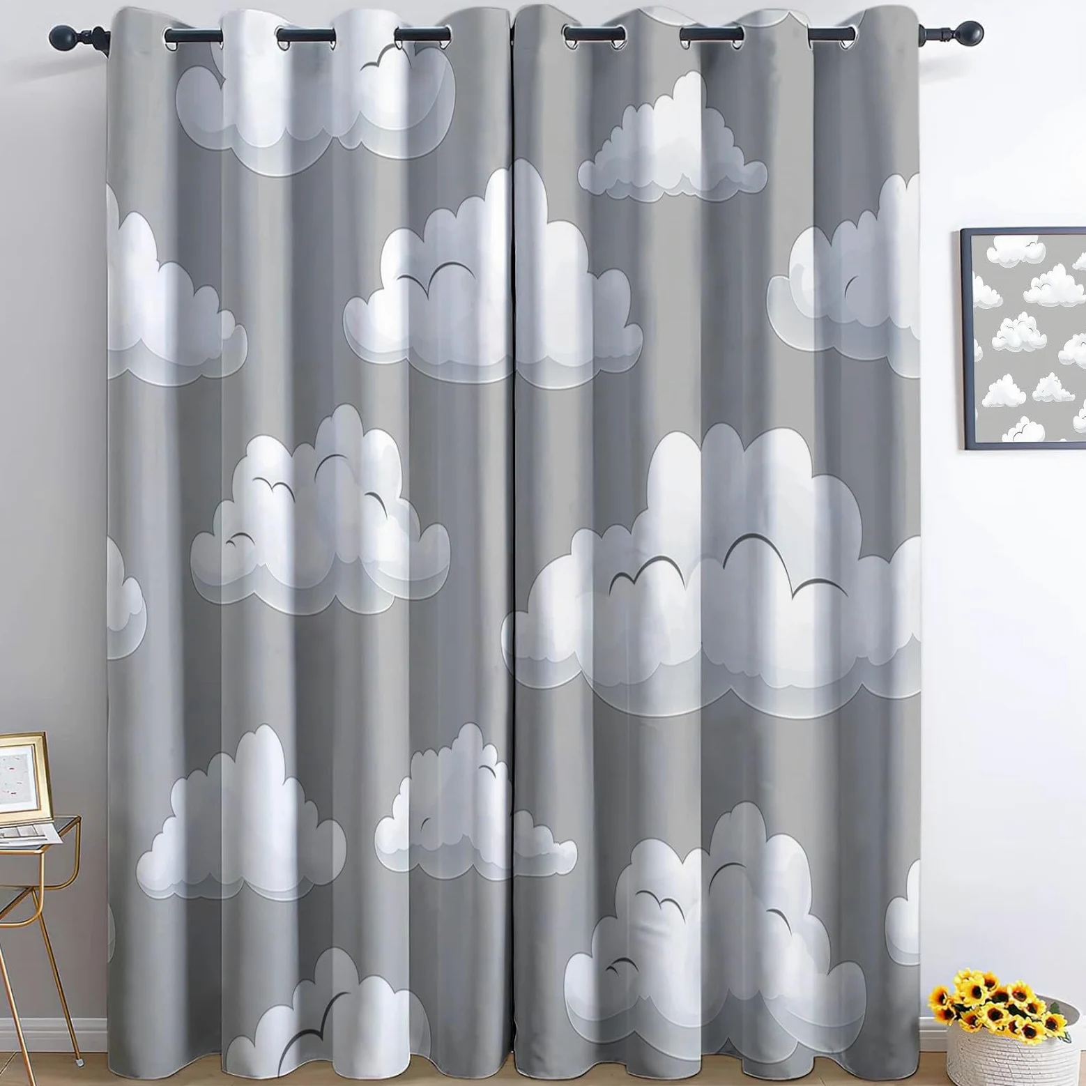 Générique Lot de 2 Rideaux 100% Occultants Gris, Rideaux de Fenêtre à Isolation ImpriméS à Nuages Rêve Simples pour Salon Chambre à Coucher Maison Bureau Draperies à Oeillets 110L x 215H cm