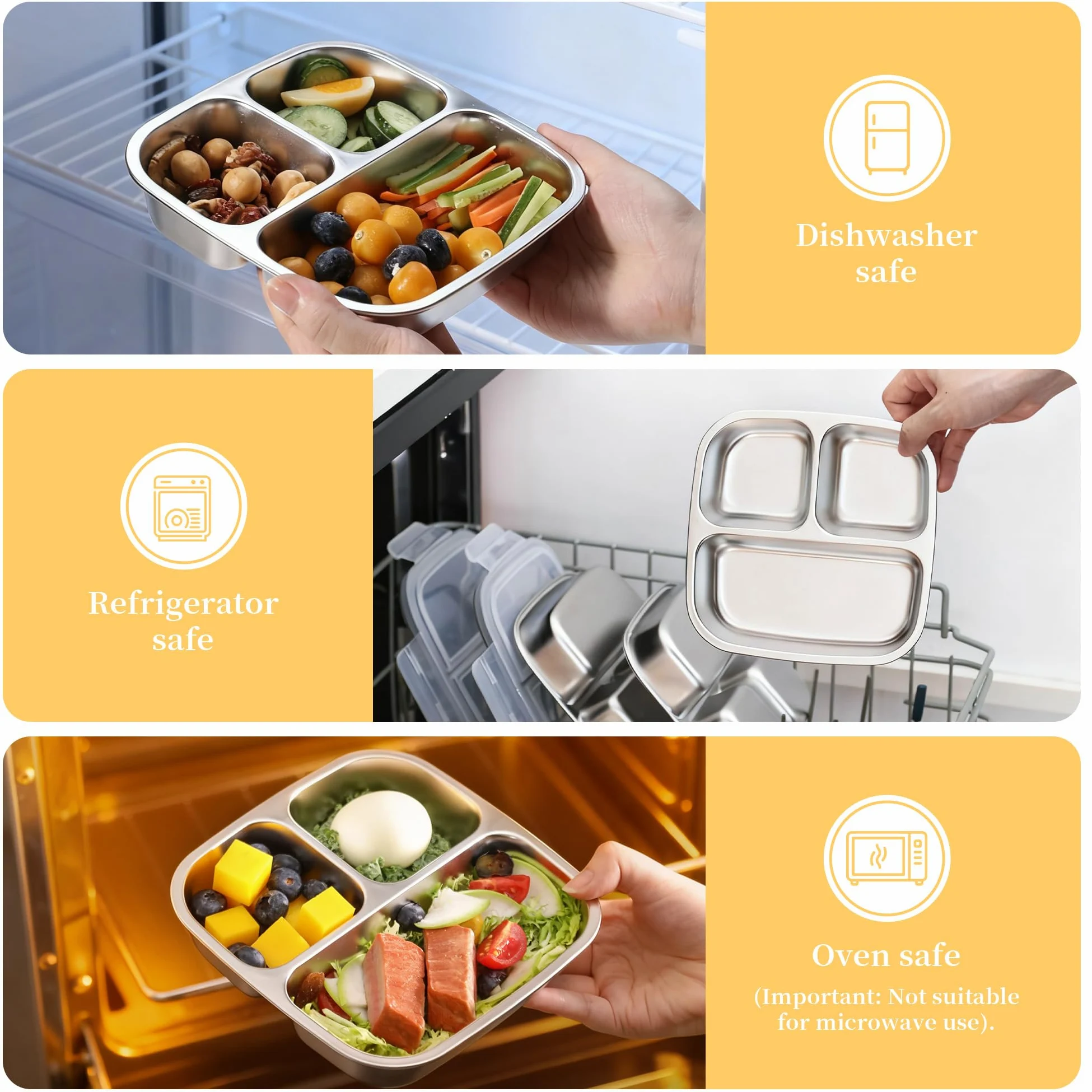 Misichao Lot de 4 boîtes à goûter réutilisables en acier inoxydable avec 3 compartiments | 600 ml pour enfants et adultes - Pour l'école, le travail et les voyages - Gris