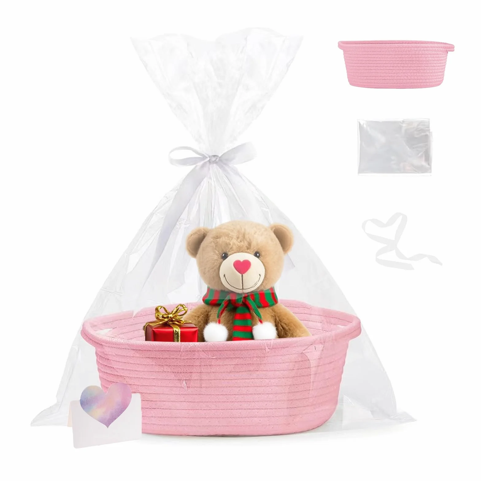 Panier Cadeau Vide Tressé 30 x 20 x 12 cm avec Sacs Cadeaux et Rubans, Rose