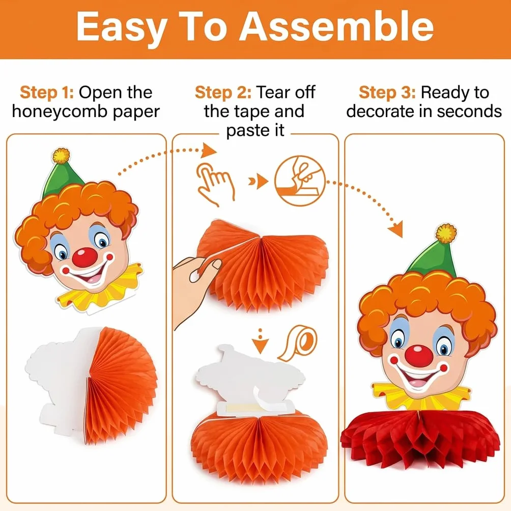 Lot de 6 Décoration Carnaval Clown Nid d'Abeille Centre de Table Cirque 3D Fête Anniversaire Enfant Mardi Gras Ornements Papier Alvéolé
