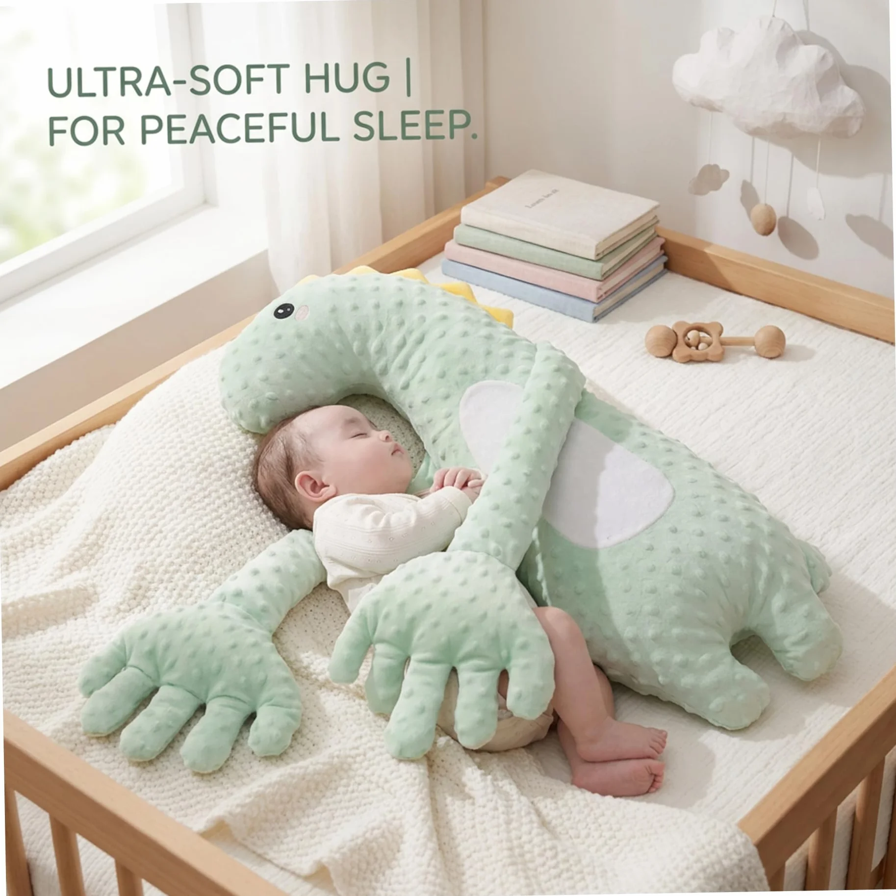 Tapoter la main pour le sommeil de bébé – Oreiller à tapoter pour bébé dinosaure vert, oreiller apaisant intelligent avec tapotements doux et minuterie, aide au sommeil portable pour nourrissons