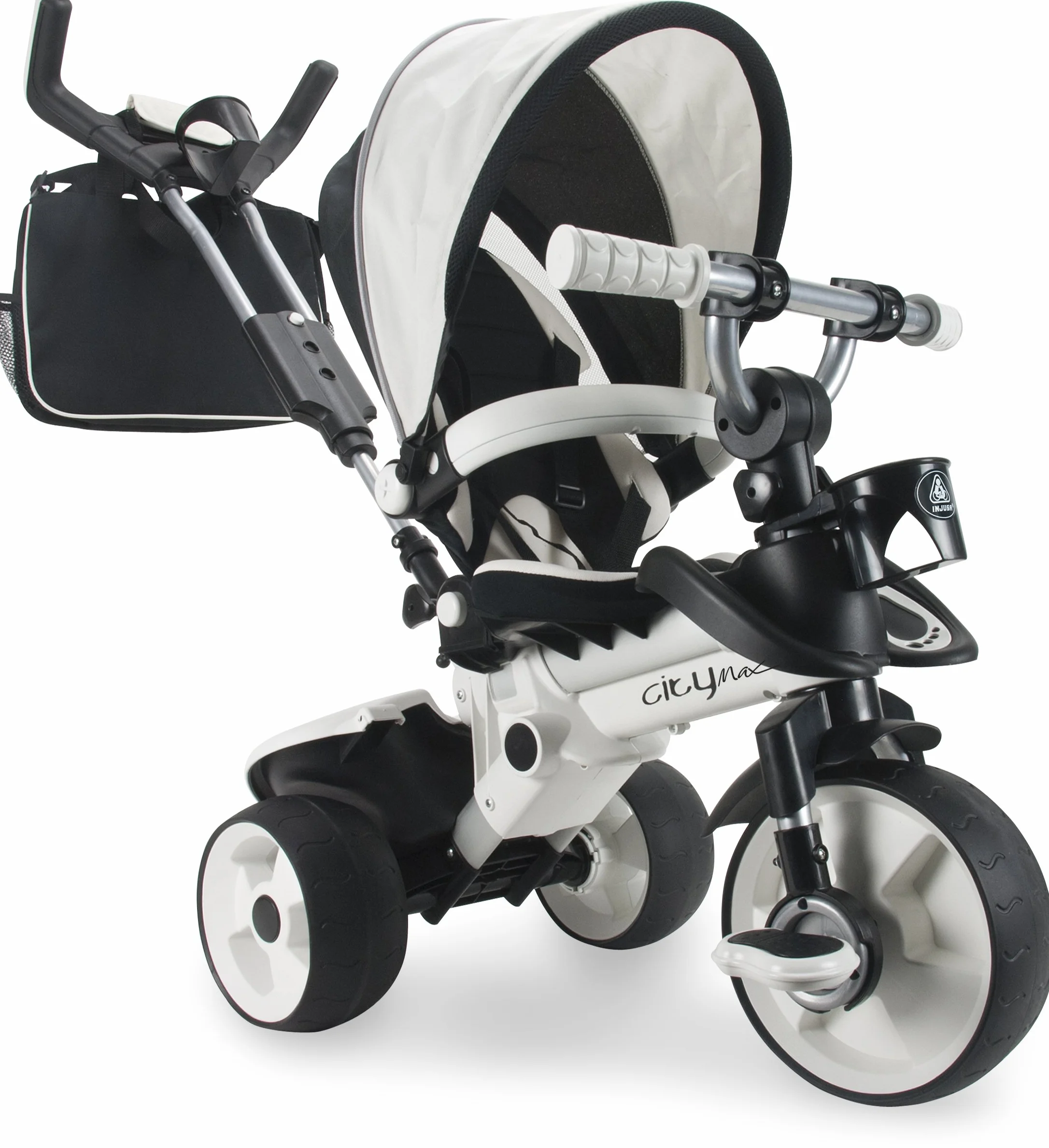 INJUSA Tricycle Évolutif City Max pour Enfants 6 Mois à 3 Ans avec Capote Soleil Poignée Direction Parentale Ceinture Sécurité Roue Libre Paniers Blanc