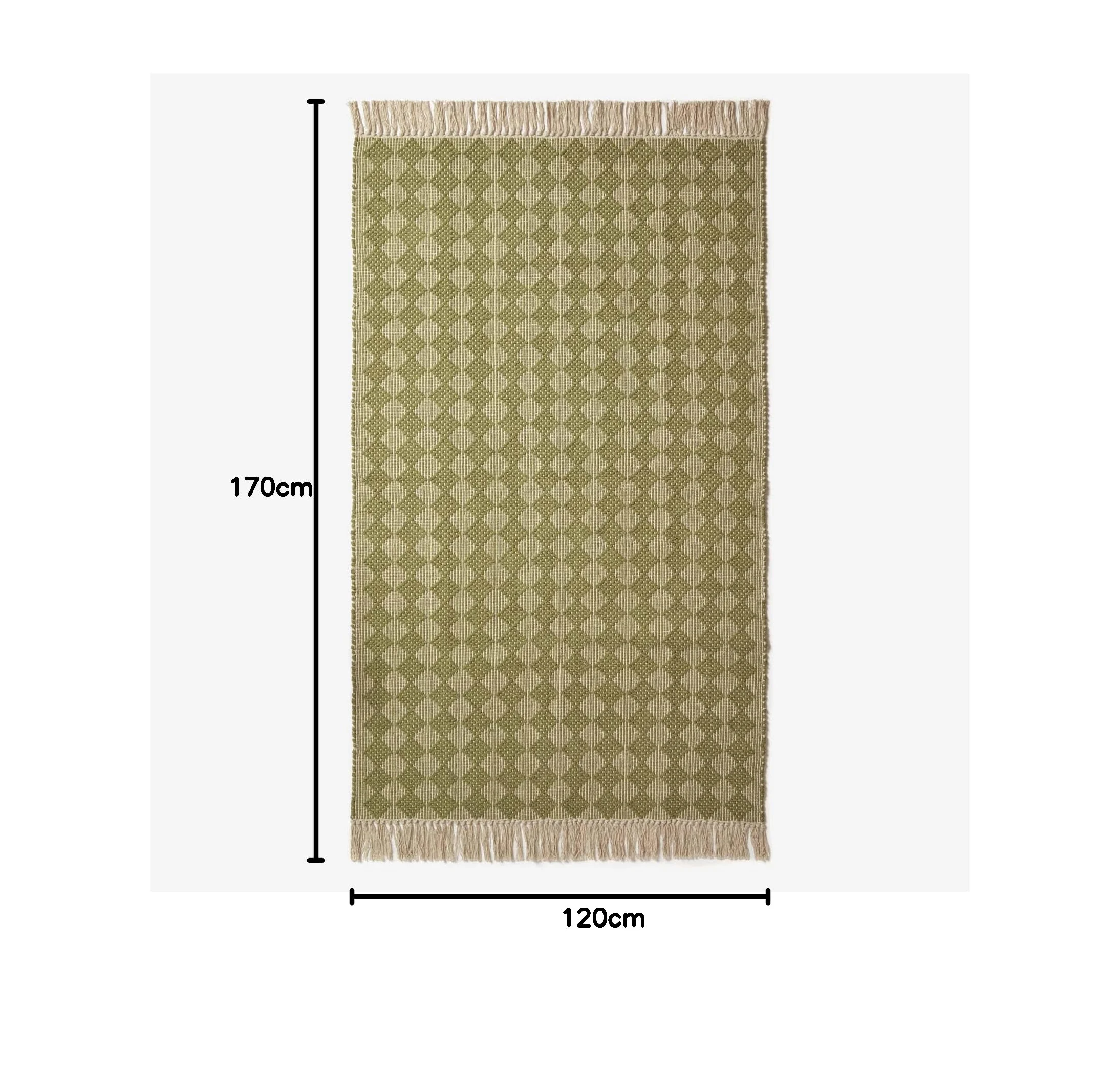 HOMESCAPES Tapis Vert en Coton Lima, Tapis rectangulaire 120x170 cm, Tapis géométrique à Franges