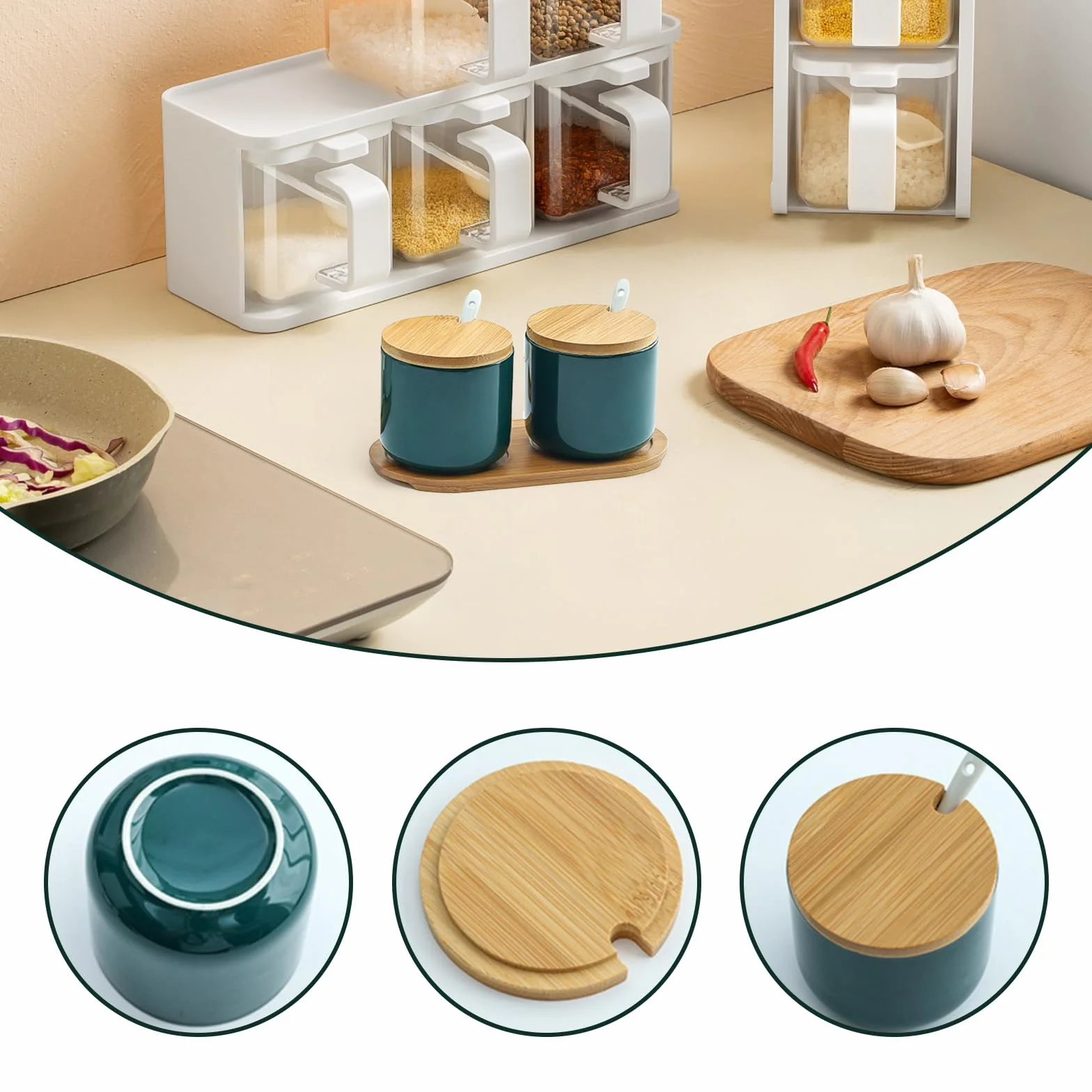 Salière en céramique avec couvercle en bois et cuillère, vert émeraude, récipient à sel moderne pour cuisine et table