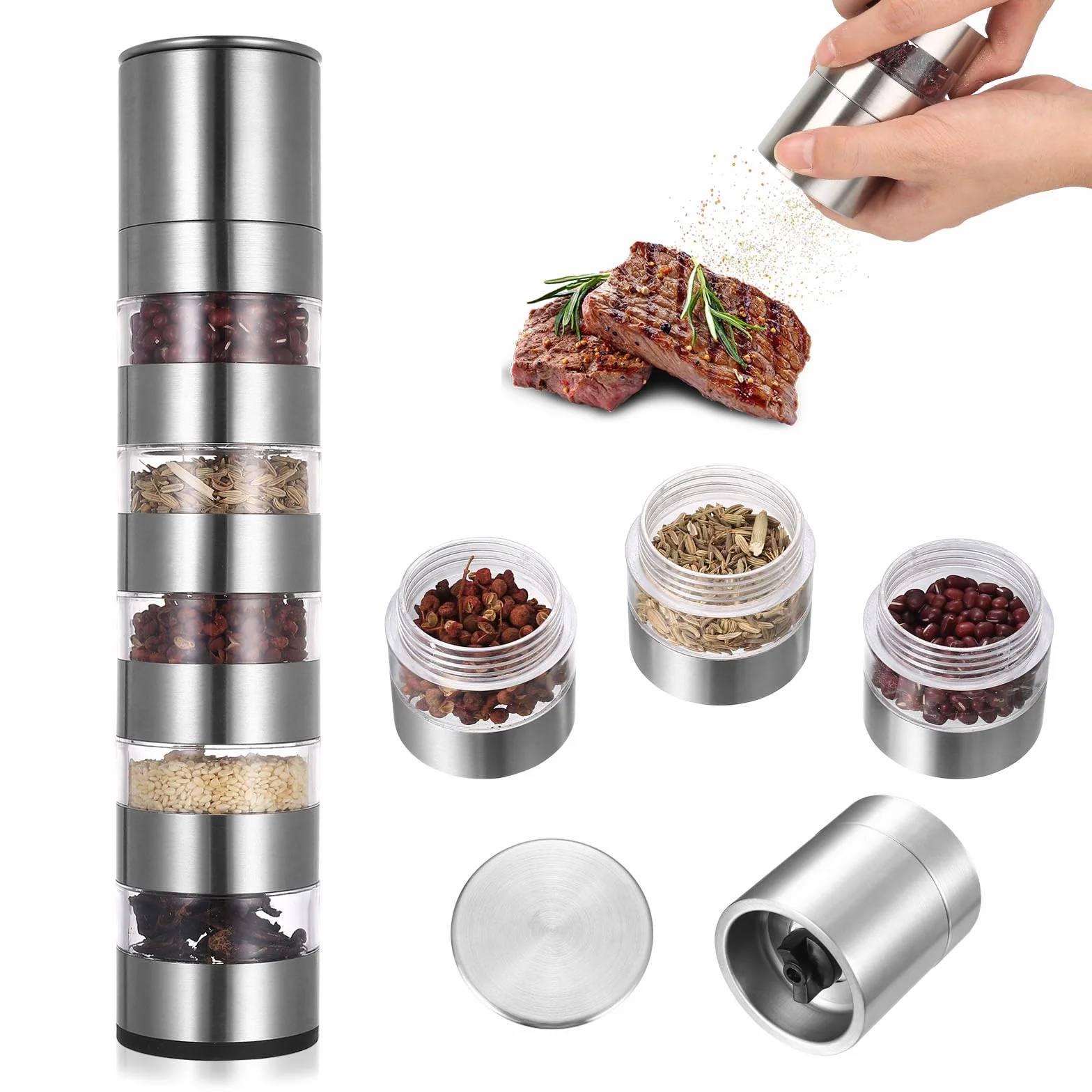 Pot à Épices 5-en-1 en Acier Inoxydable, Mini Bocaux à Épices Portables pour Camping et Voyage