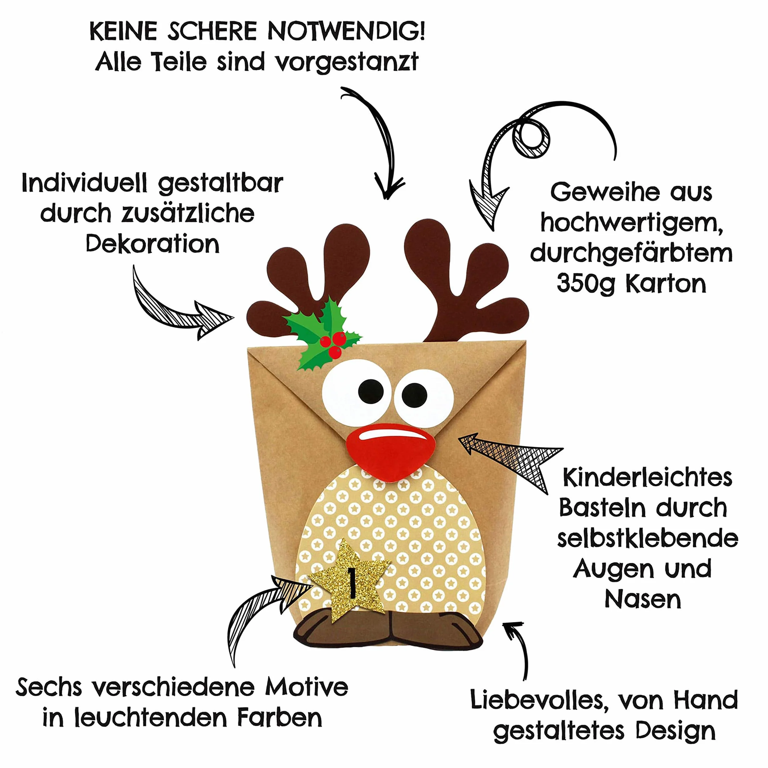 Papierdrachen Calendrier de l'Avent à remplir - Renne au Ventre Brun - 24 Sacs à Personnaliser - Noël pour Enfants
