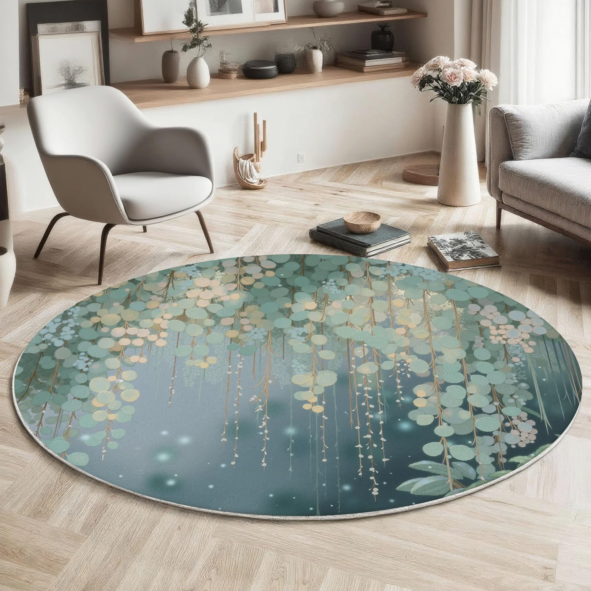 Tapis Rond Feuilles D'Eucalyptus Aquarelle 100 Cm, Lavable En Machine Pour Salon, Ne Perd Pas Ses Poils, Antidérapant | Tapis Esthétique Végétale Pour Chambre À Coucher Chambre D'Enfant, Vert Foncé