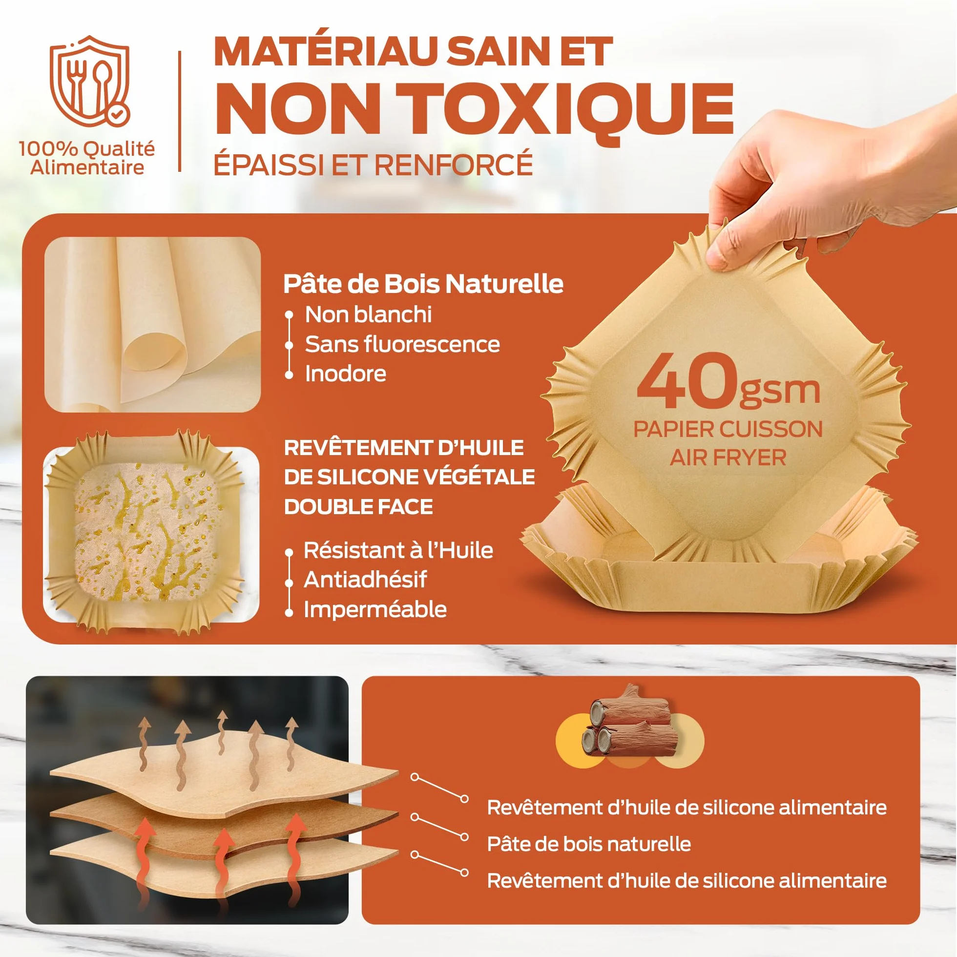 PORTENTUM Papier cuisson air fryer 100 pièces Food-Grade sans BPA 20×24 cm adapté friteuses 5–8 L
