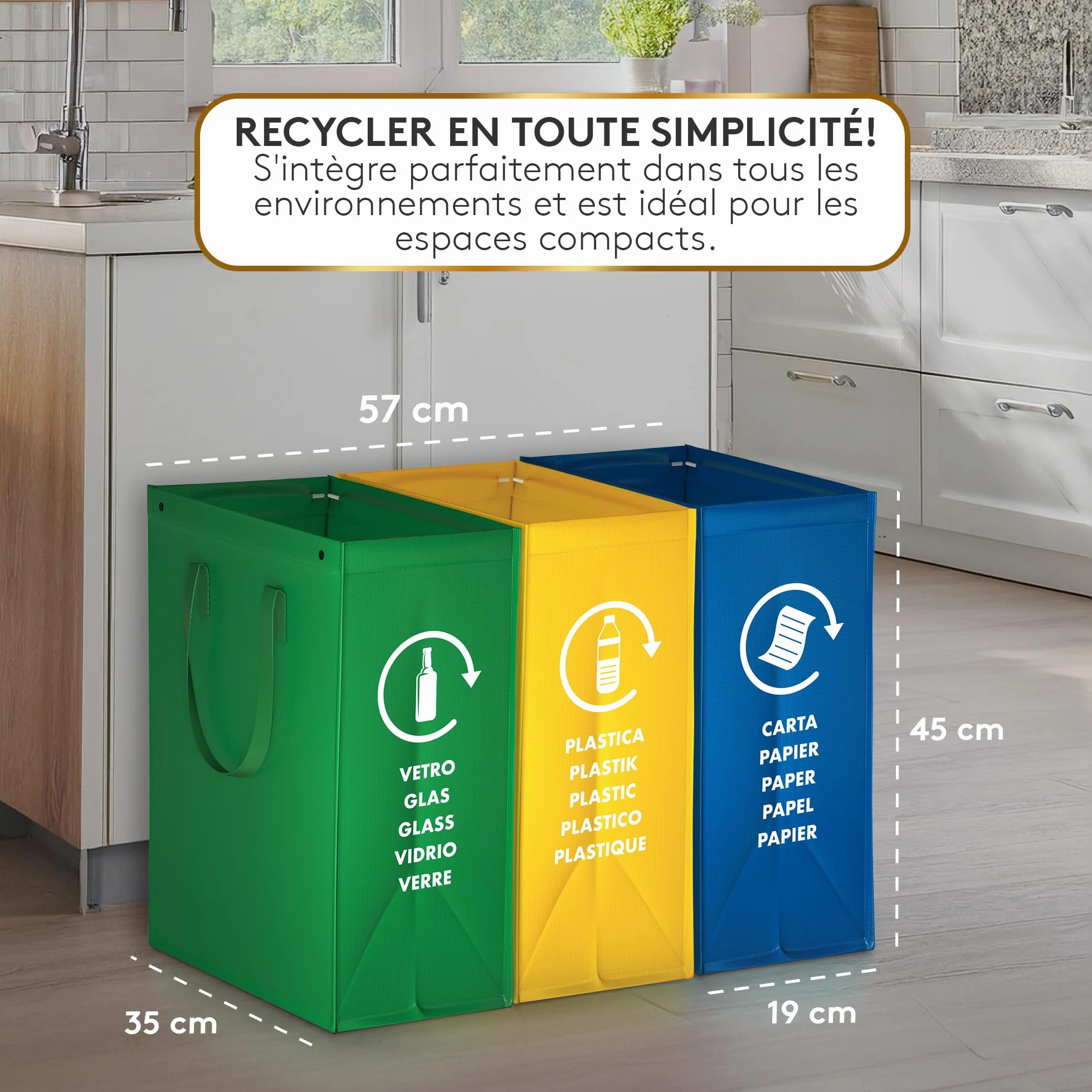 Sac tri selectif 3 bac poubelle tri verre papier plastique flexible avec poignée recyclage