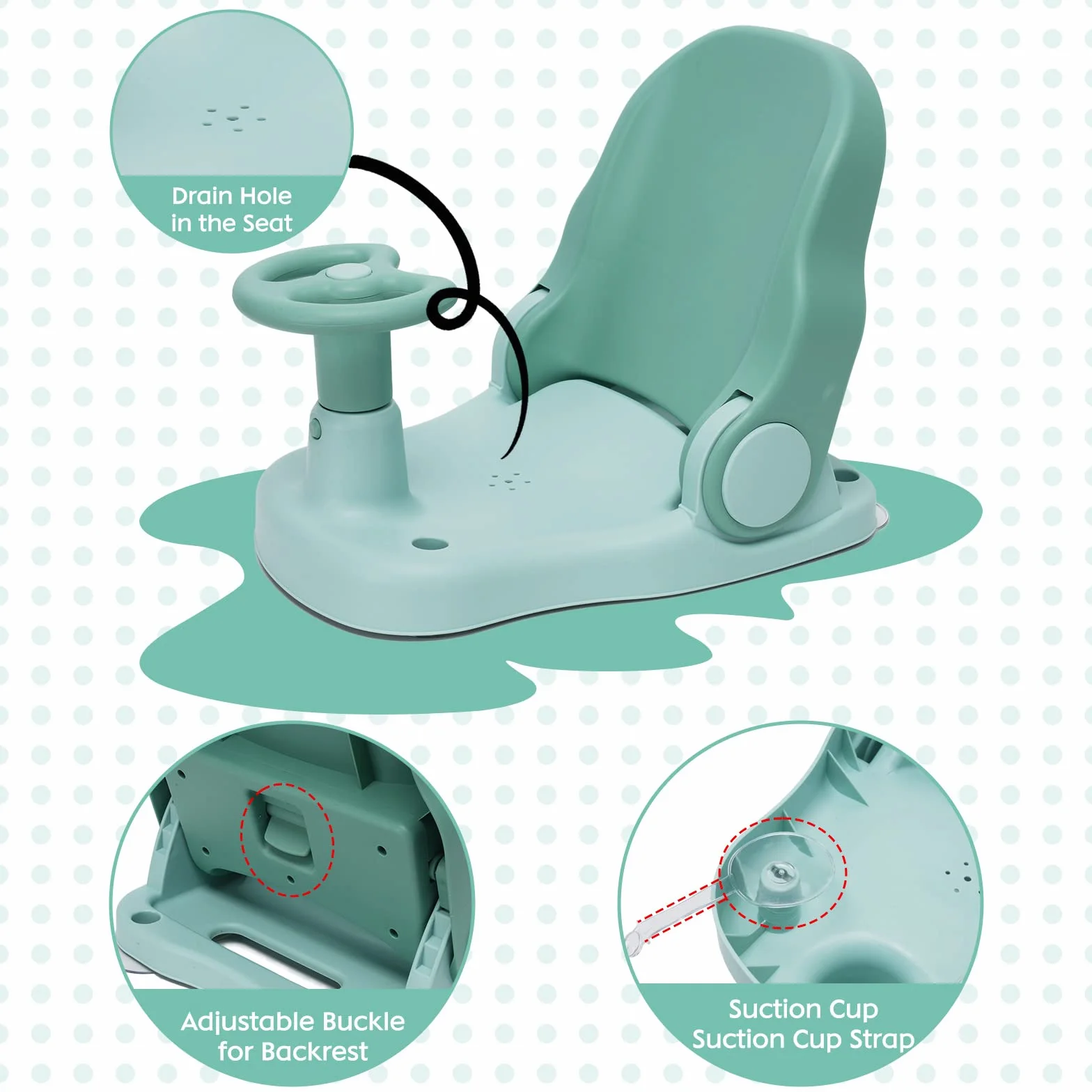 Siège de bain bébé dossier réglable pliable ventouse puissante portable vert 6 mois+