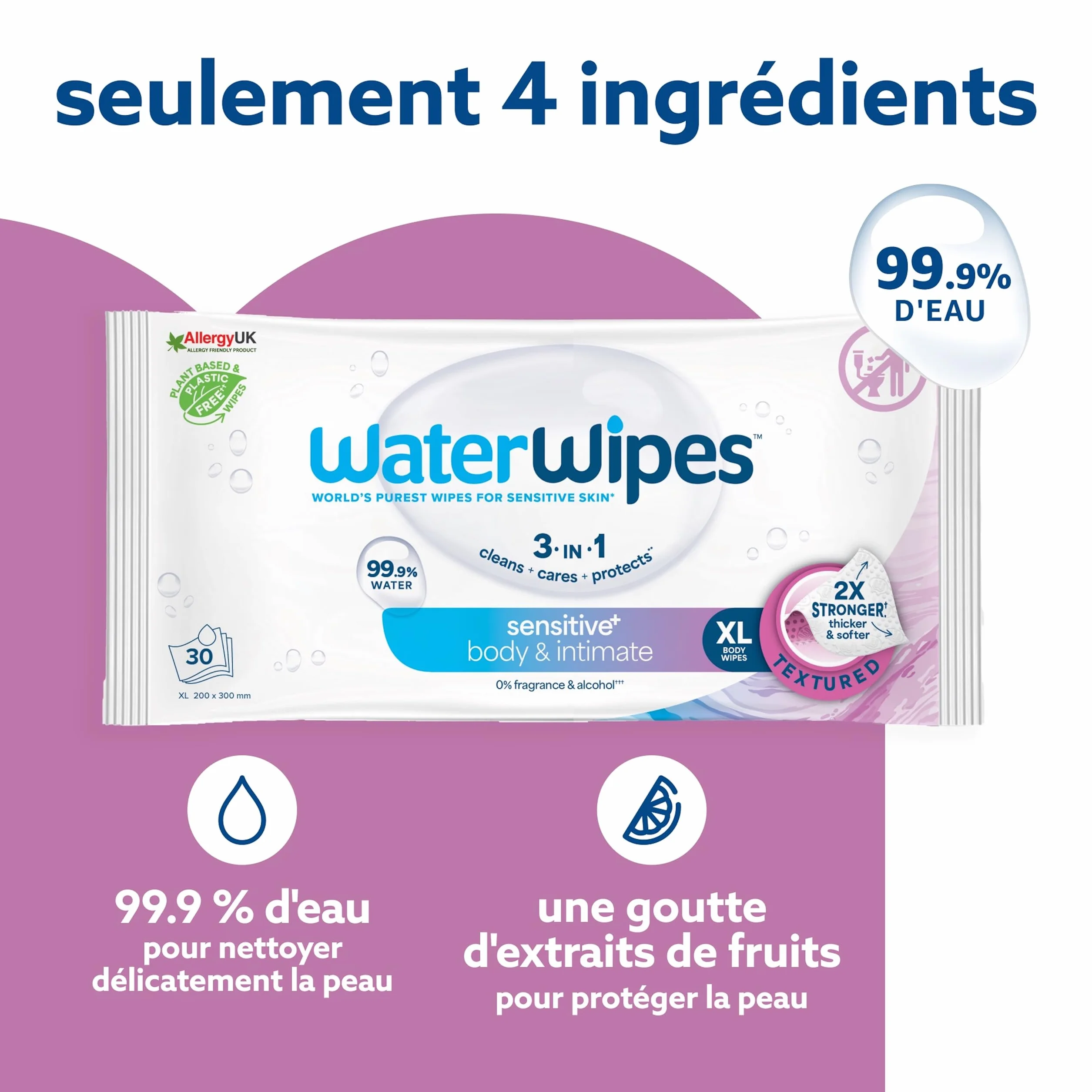 WaterWipes Sensitive+ Lingettes Corporelles et Intimes, 90 Lingettes (3 Paquets), 3-en-1 Nettoie Soigne Protège, 99,9% d'Eau, Non Parfumées, Adult Care