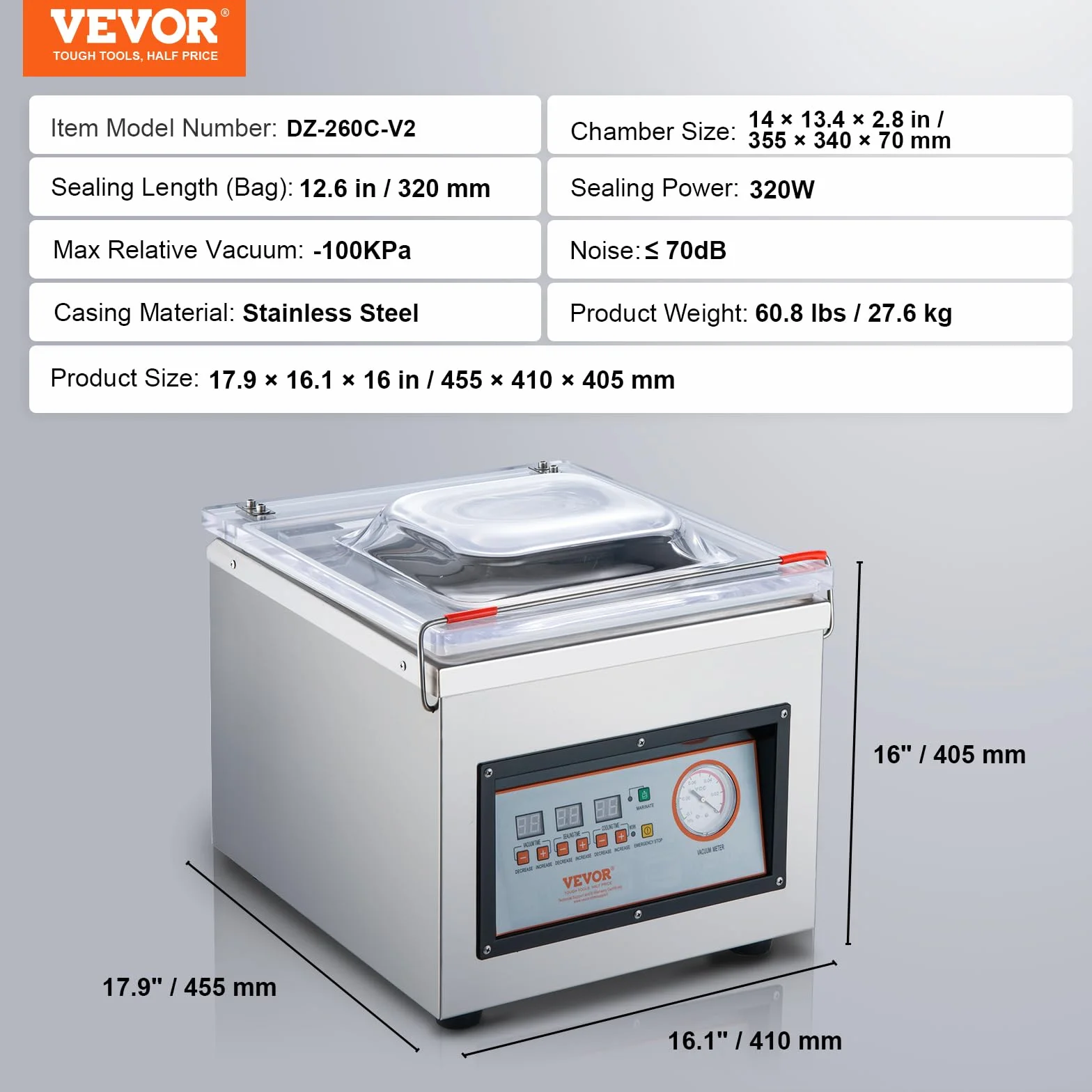 VEVOR Machine à emballer sous vide à chambre 320 W 320 mm usage domestique commercial aliments humides viandes marinades