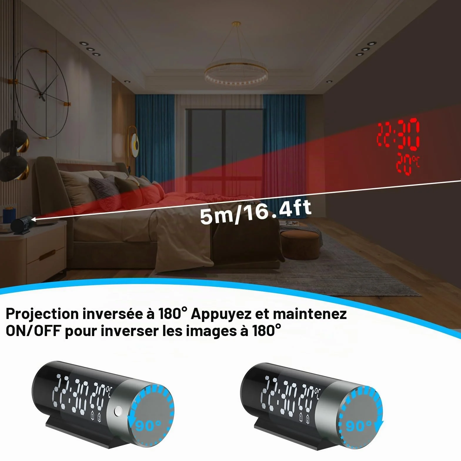Réveil Projecteur Plafond avec Horloge Digitale 180°, Température, Snooze, Mode Nuit, Affichage 12H/24H