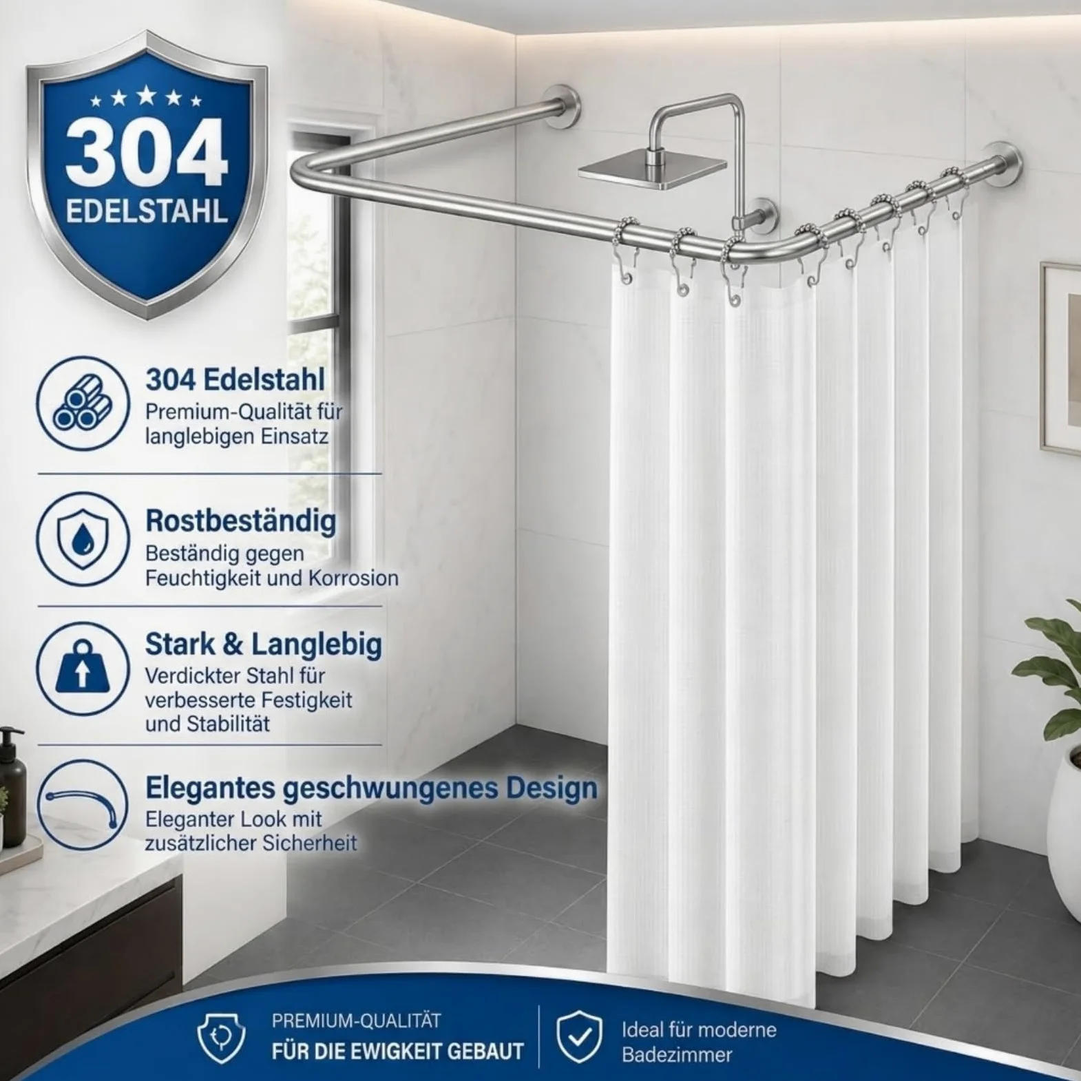Barre de douche rétractable de type U/L, barre d'angle en acier inoxydable 304, antirouille et durable, avec 12 anneaux de rideau de douche, dimensions : 75 x (150-190) x 75 cm