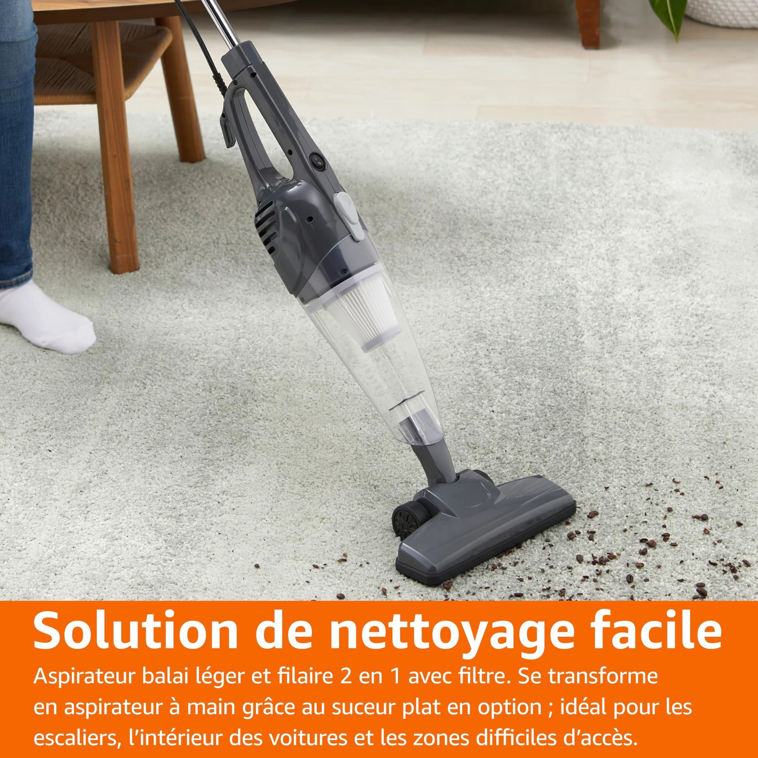 Amazon Basics Aspirateur balai 2 en 1 avec câble, moteur ECO, filtre remplaçable, Noir