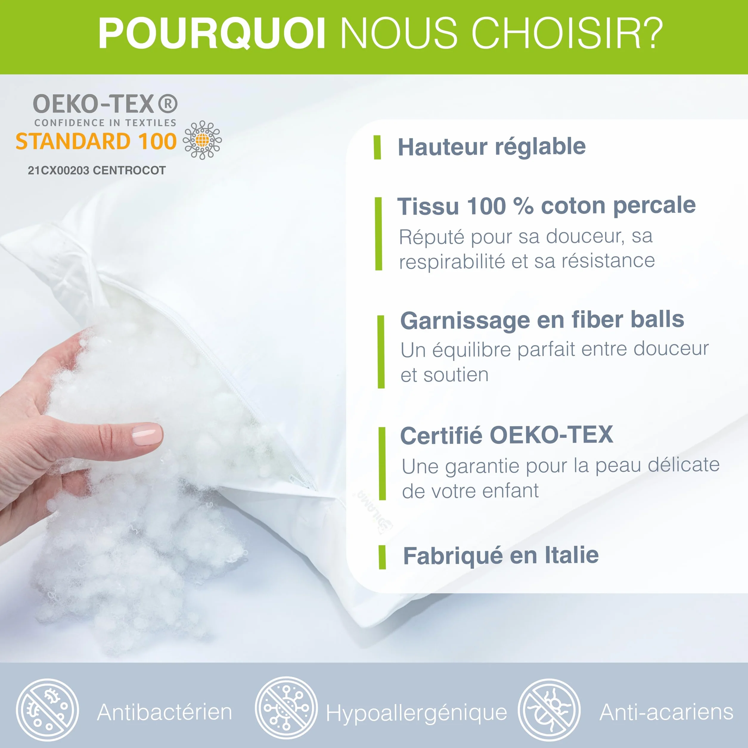Coussin Enfant Évolutif Hauteur Réglable 40x60 Moelleux Hypoallergénique Anti Acarien Oeko-TEX Made in Italy