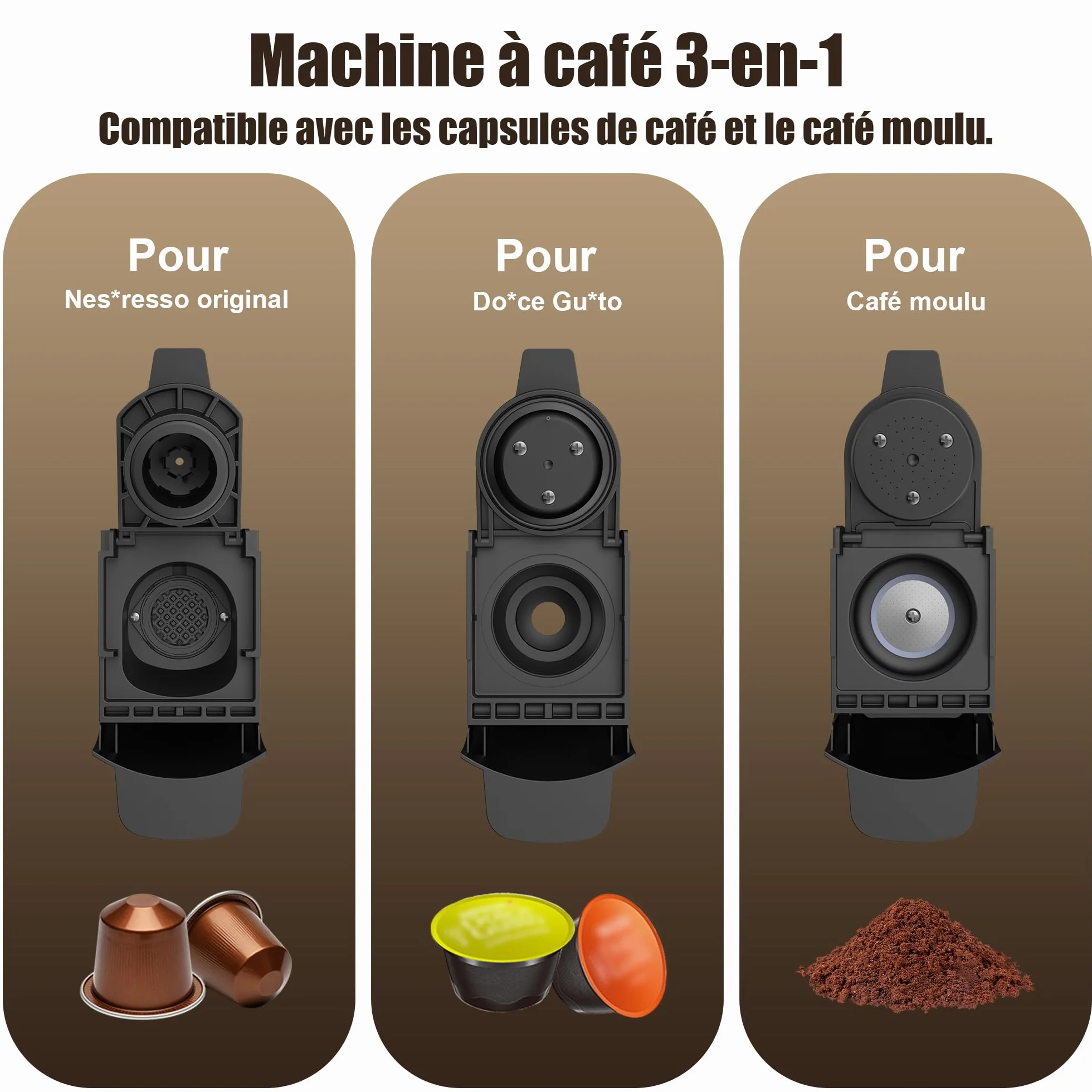 Machine à café à capsules 3 en 1 pour Nespres*o Original/D*lce G*sto/poudre, deux quantités d'eau, design compact, réservoir d'eau amovible de 600 ml (ST-551)