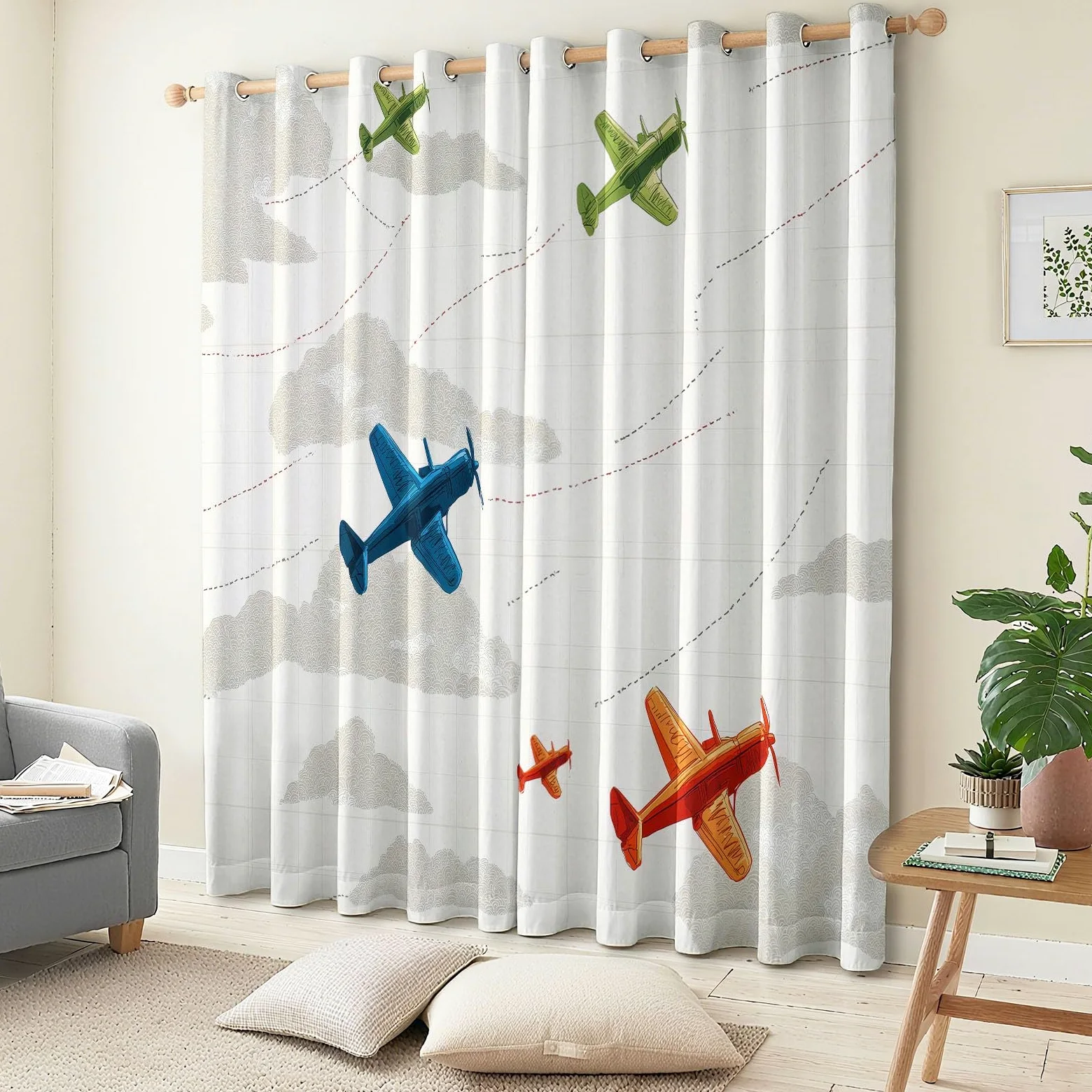 Rideau Occultant Isolants Thermiques À Oeillets Transport Avion Nuages, 110 x 215 cm Lot de 2 Rideaux Thermiques Isolants Anti Froid Imprimé pour Salon Chambre Bebe Enfant, Beige