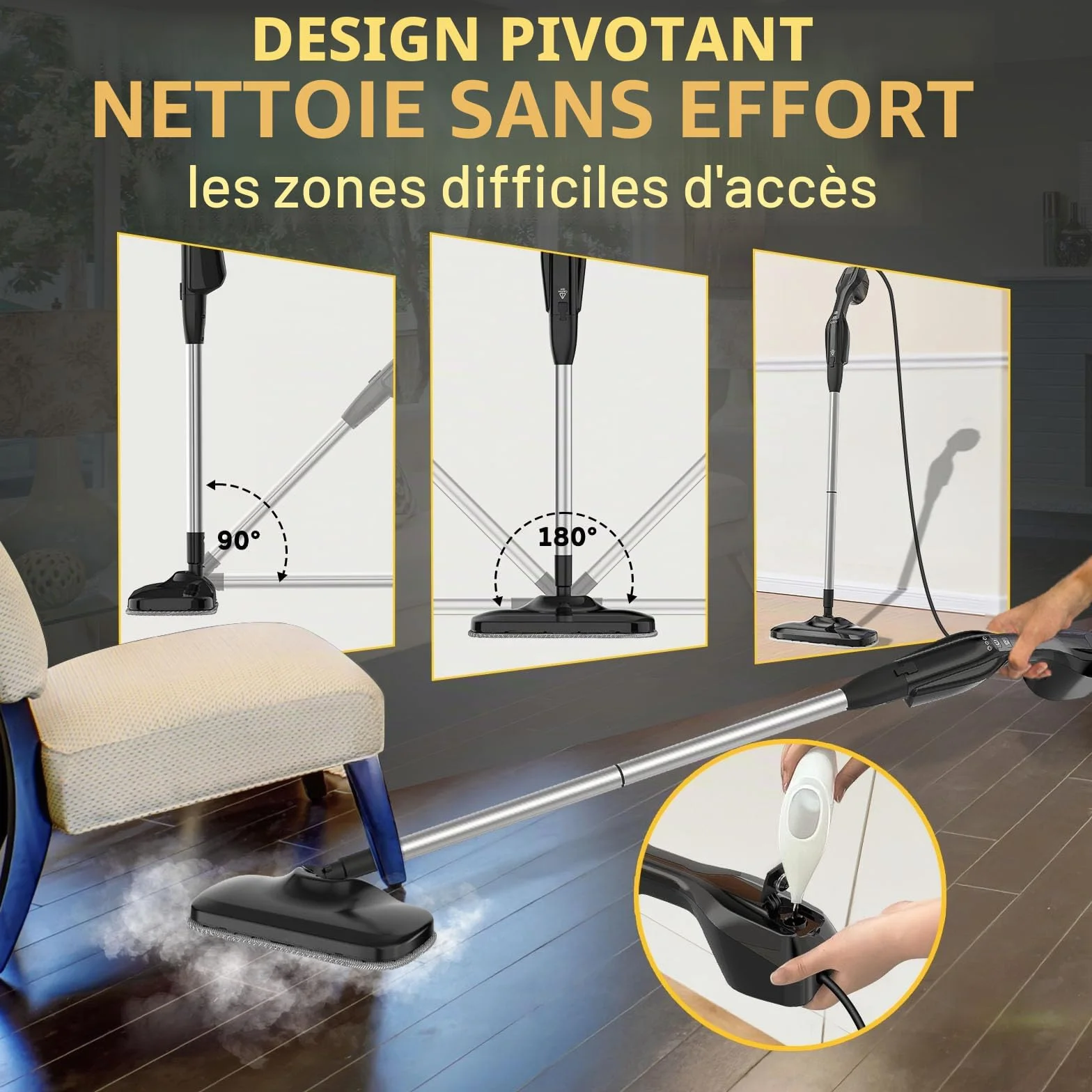 Nettoyeur Vapeur Balai Multifonctions 2-en-1, Chauffe Rapide 30s, 1000W, Réservoir 240ml