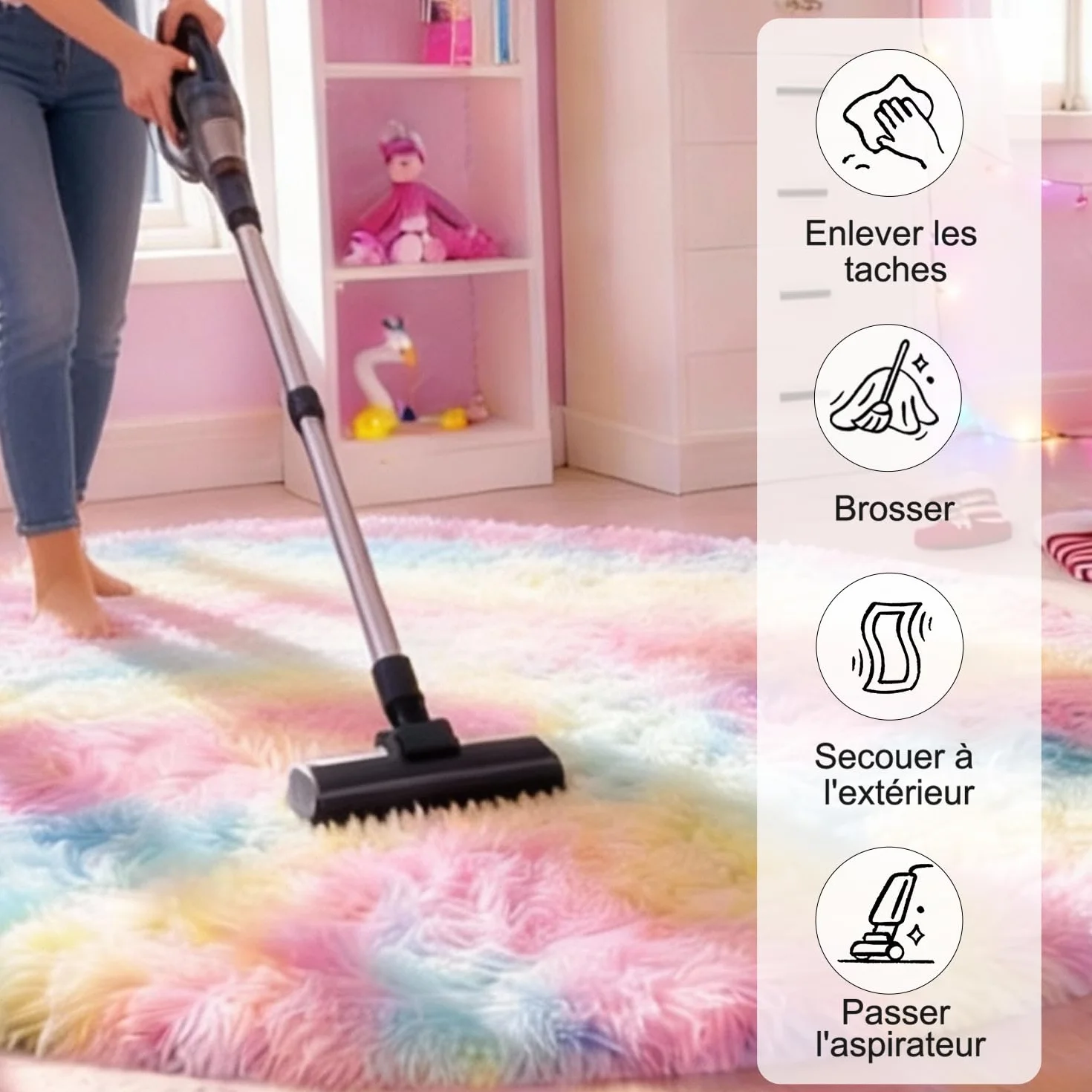 Tapis Rond 120 CM Arc-en-Ciel Lavable Antidérapant Ultra-Doux Fille Chambre
