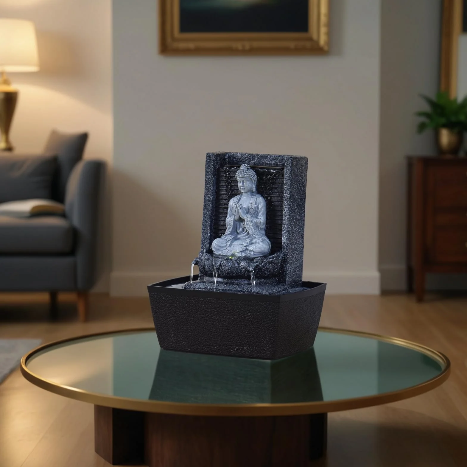 Fontaine d'Intérieur Bouddha Mur d'Eau Cascade Lotus Lumière LED Blanc Déco Zen Salon Chambre Feng Shui H 26cm