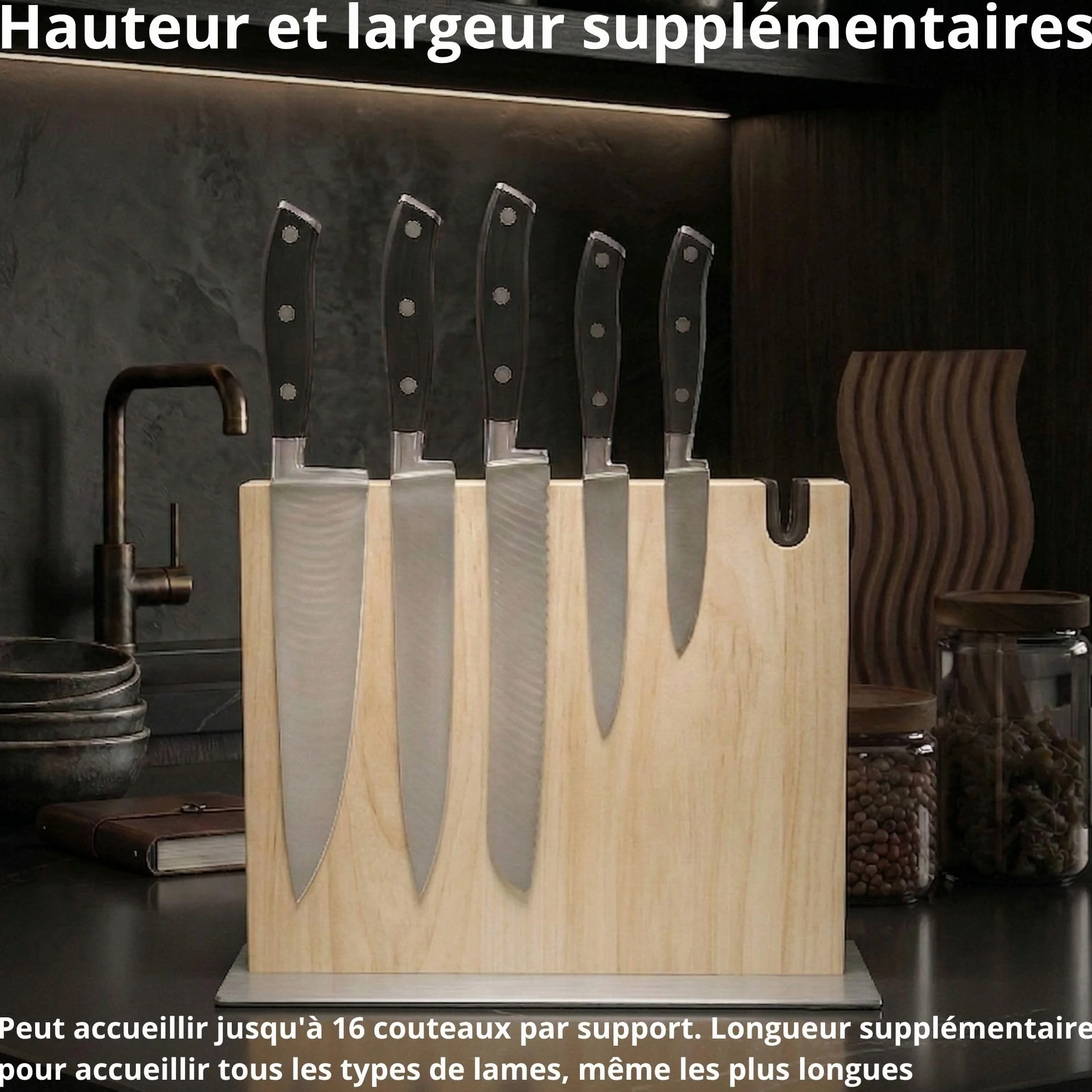 Porte Couteaux Magnétique Cuisine XL avec Aiguiseur Support Magnétique Couteaux Bois Massif Bloc Rangement (Chêne)