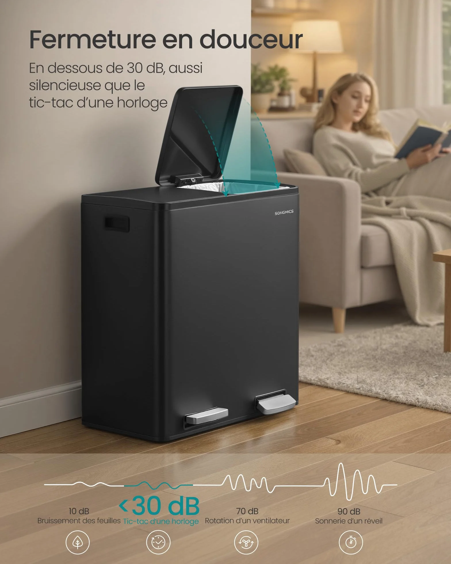 SONGMICS Poubelle de Cuisine 2 x 30 L, Tri 2 Compartiments, Acier, Noir d'Encre LTB160BZ02