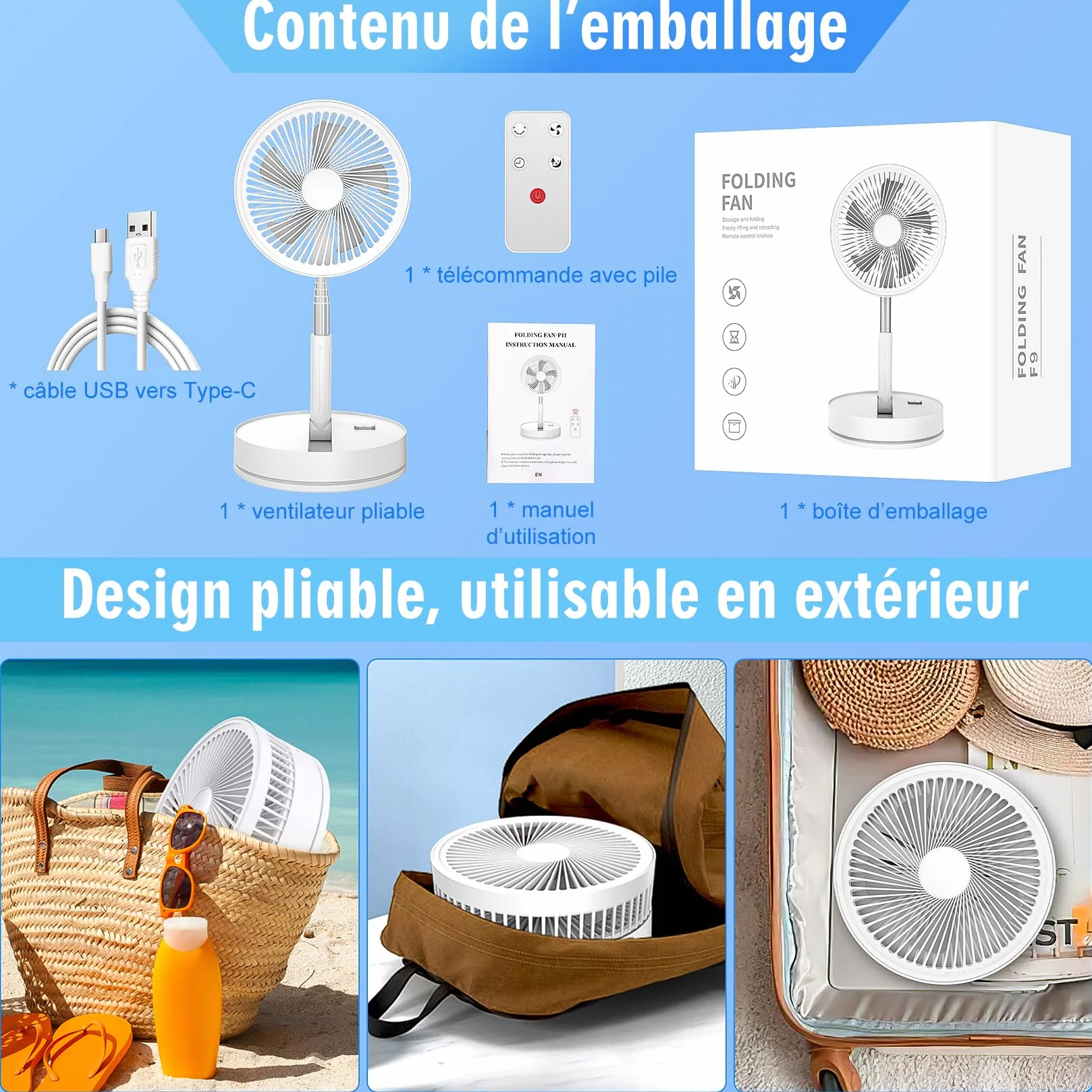 Ventilateur sur Pied Silencieux 8.6" Portable Pliable 4 Vitesses Timer 8000mAh USB Rechargeable pour Chambre Bureau