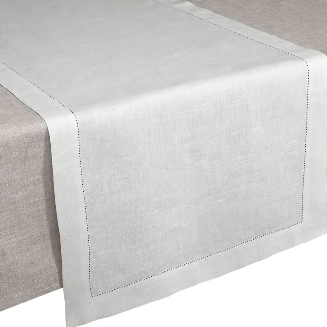 Cuore di lino - Chemin de table en pur lin 100 % fabriqué en Italie Ajour blanc optique (50 x 150 cm)