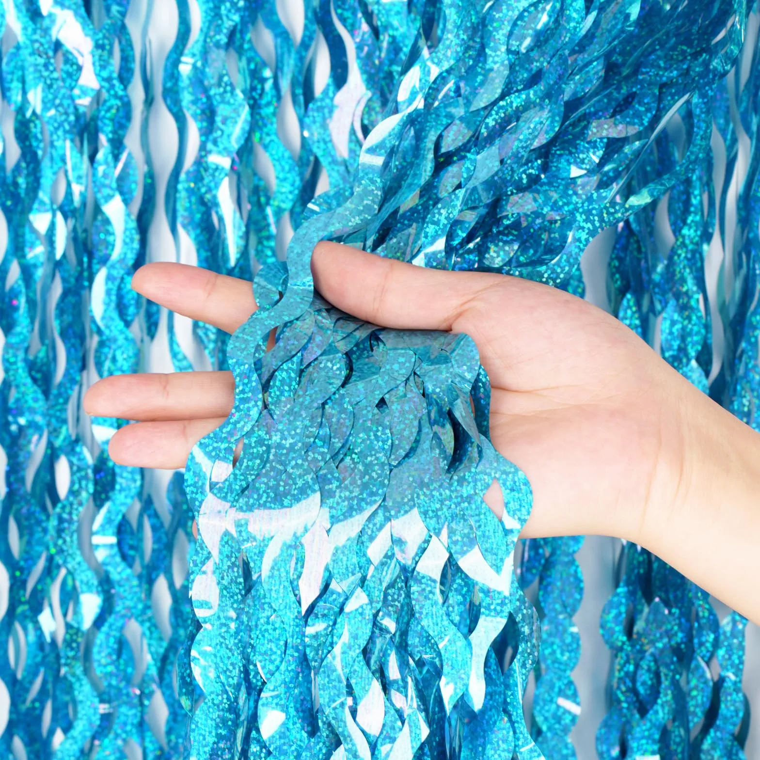 Rideau Décoratif Métallique Effet Ondulé G2PLUS 2 Rideau Franges Vagues Bleu pour Anniversaire Fille Fête Sirène