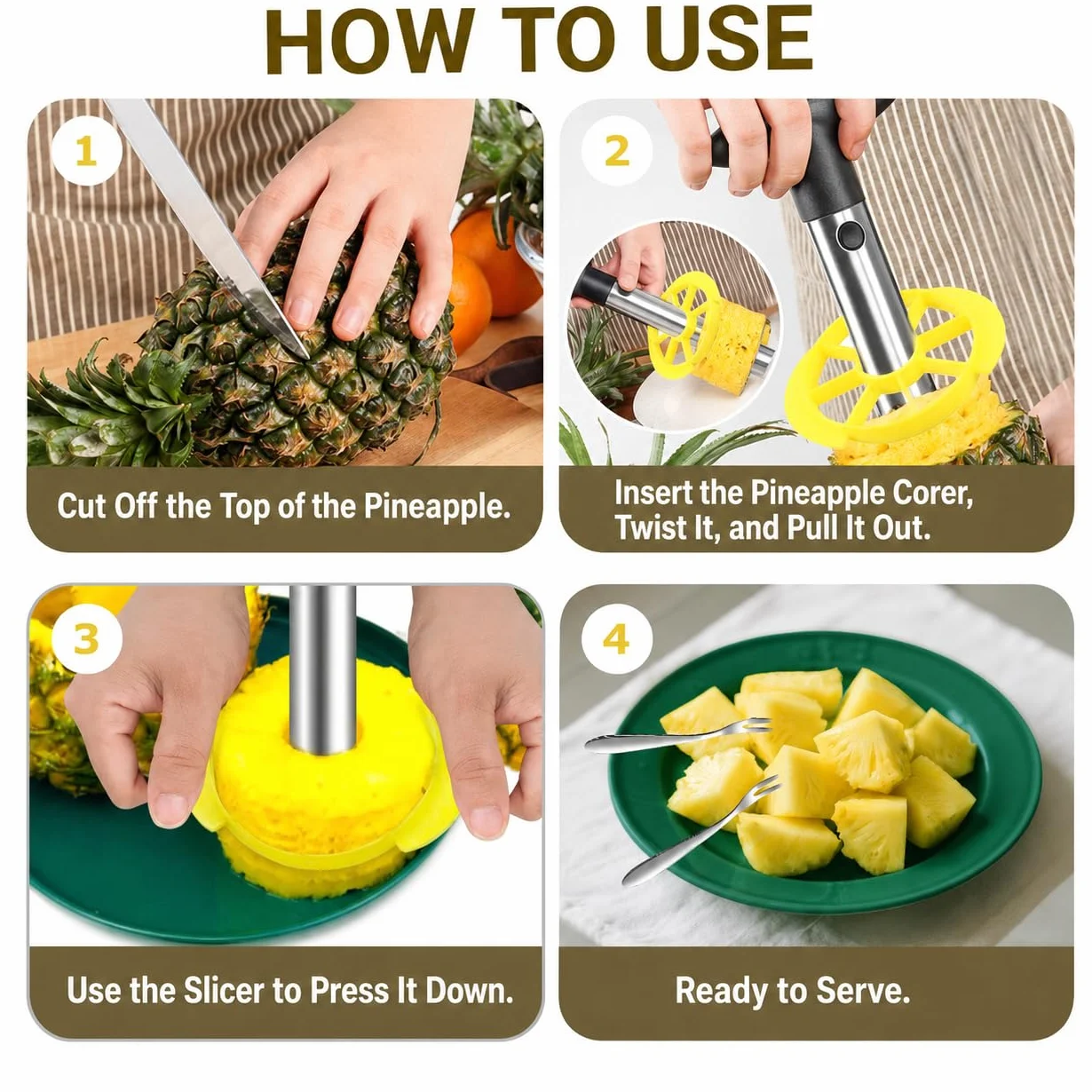 Coupe Ananas 2ème Génération, Éplucheur Ananas Set Outil Cuisine 8 Pièces Acier Inoxydable