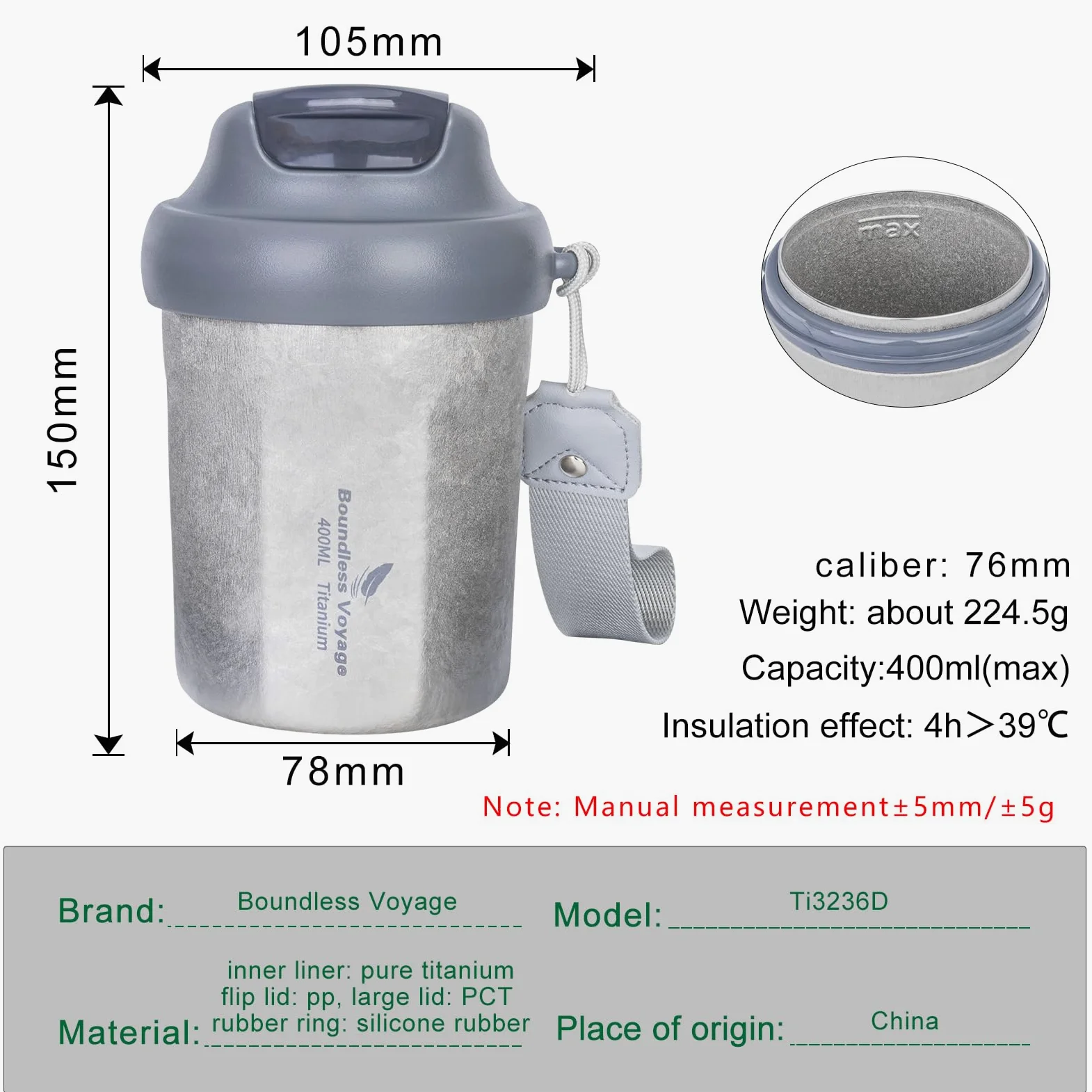 iBasingo Ti3236D Tasse à café en titane isotherme anti-déversement avec couvercle coulissant réutilisable à double paroi pour garder l'eau chaude/glacée, le thé, la bière