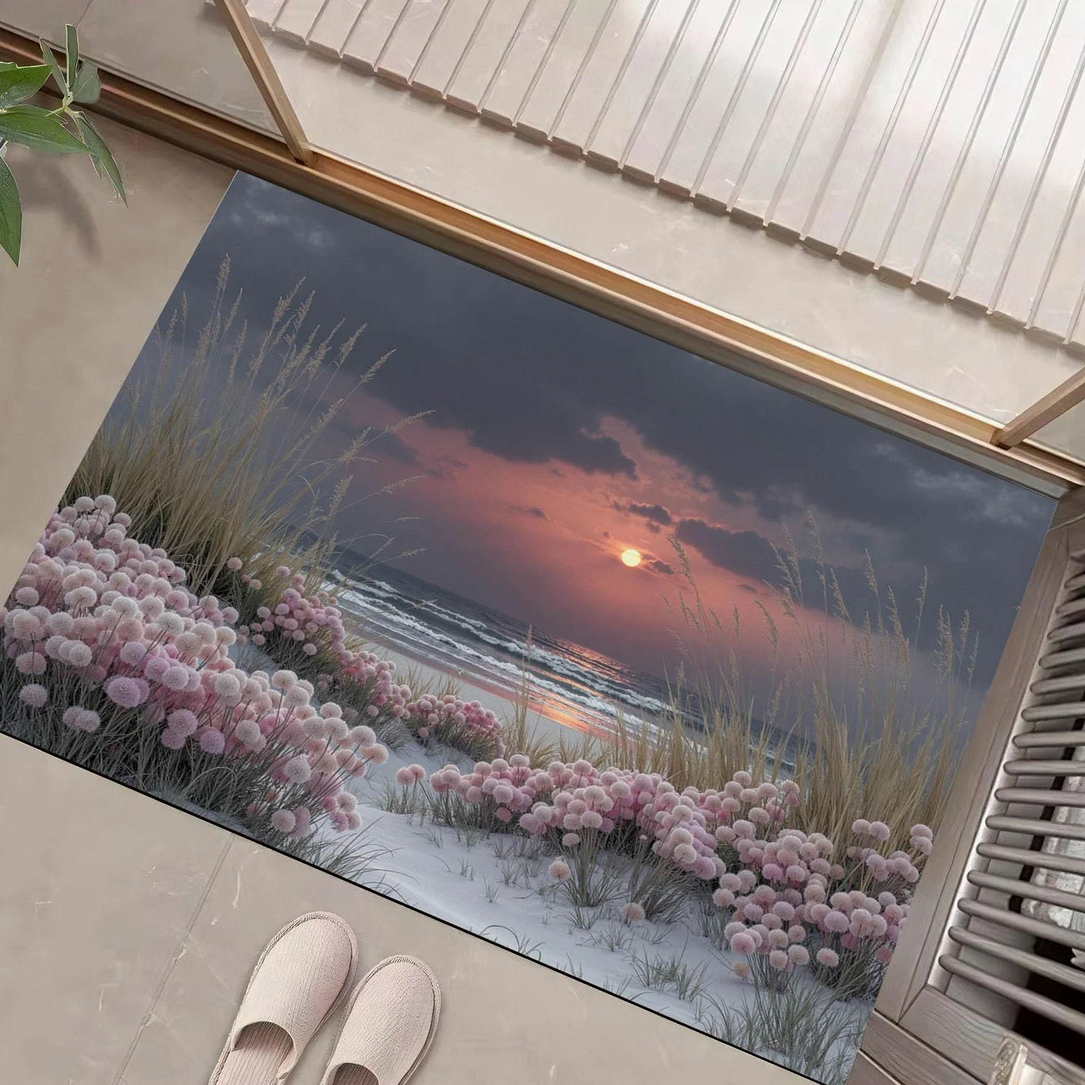 Tapis Sunset Beach 90X150Cm en Fausse Laine Rose Gris pour Salle De Bain Cuisine, Petit Paillasson D'Entrée D'Intérieur, Paysage Végétal, Tapis De Sol Antidérapant Lavable