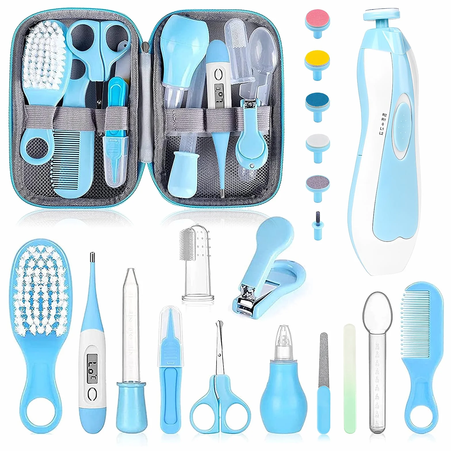 Kit de toilettage pour bébé 20 en 1 avec brosse, peigne, coupe-ongles, aspirateur nasal, bleu