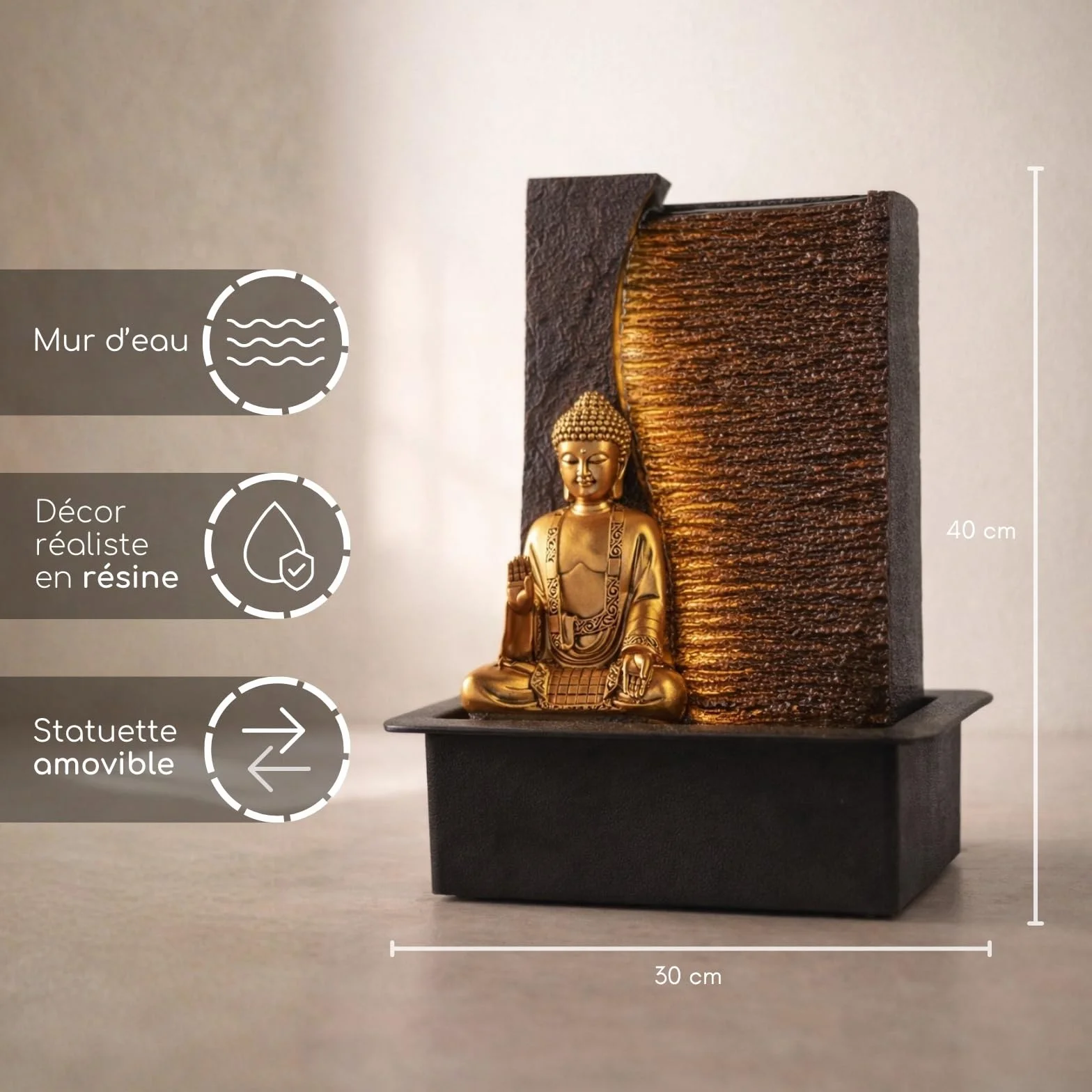 Fontaine d'Intérieur Bouddha Zen'Light Jati H 40cm avec Bandeau LED Jaune et Pompe Silencieuse