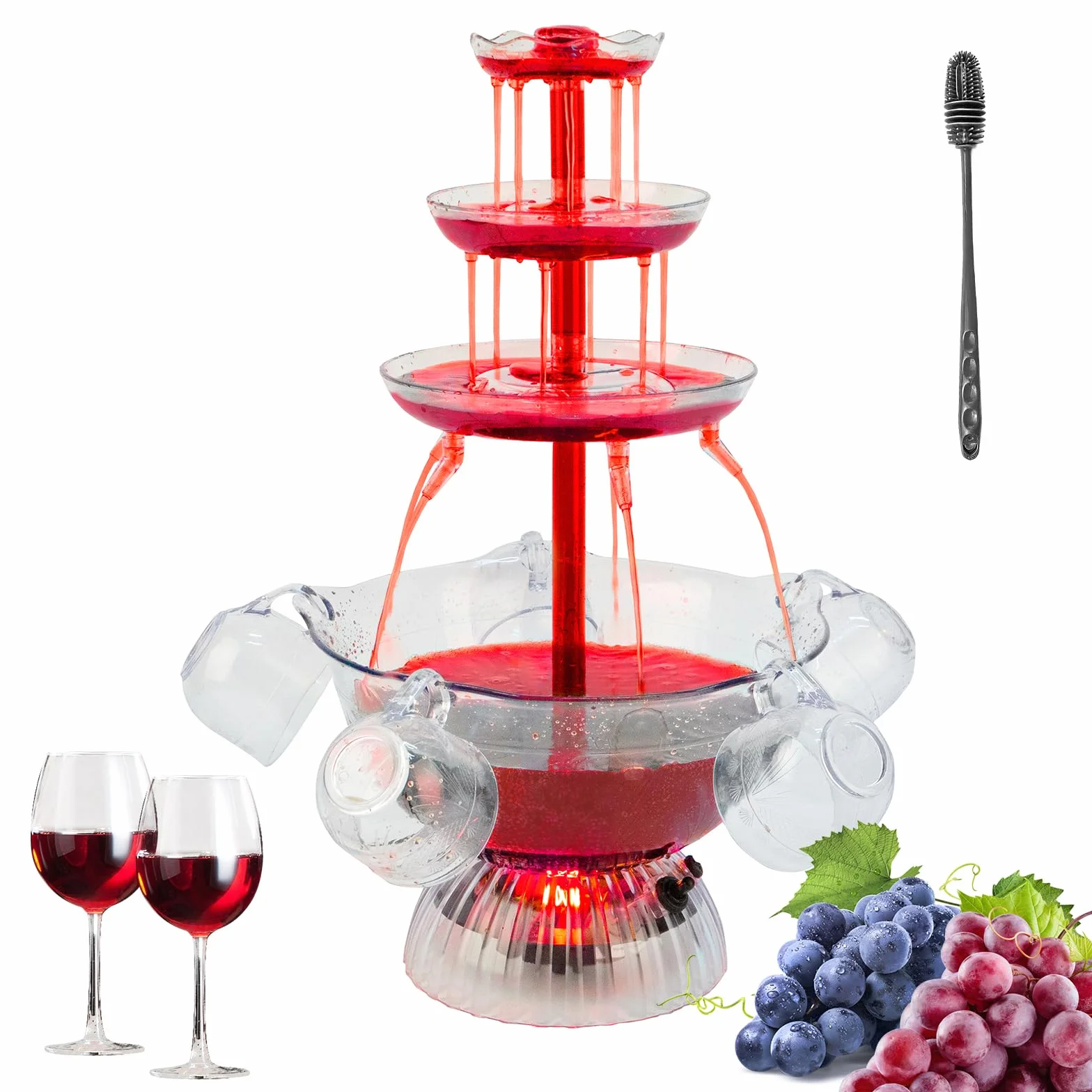 Fontaine à vin rouge 3 niveaux transparente avec 5 tasses, base LED, stable pour fête anniversaire