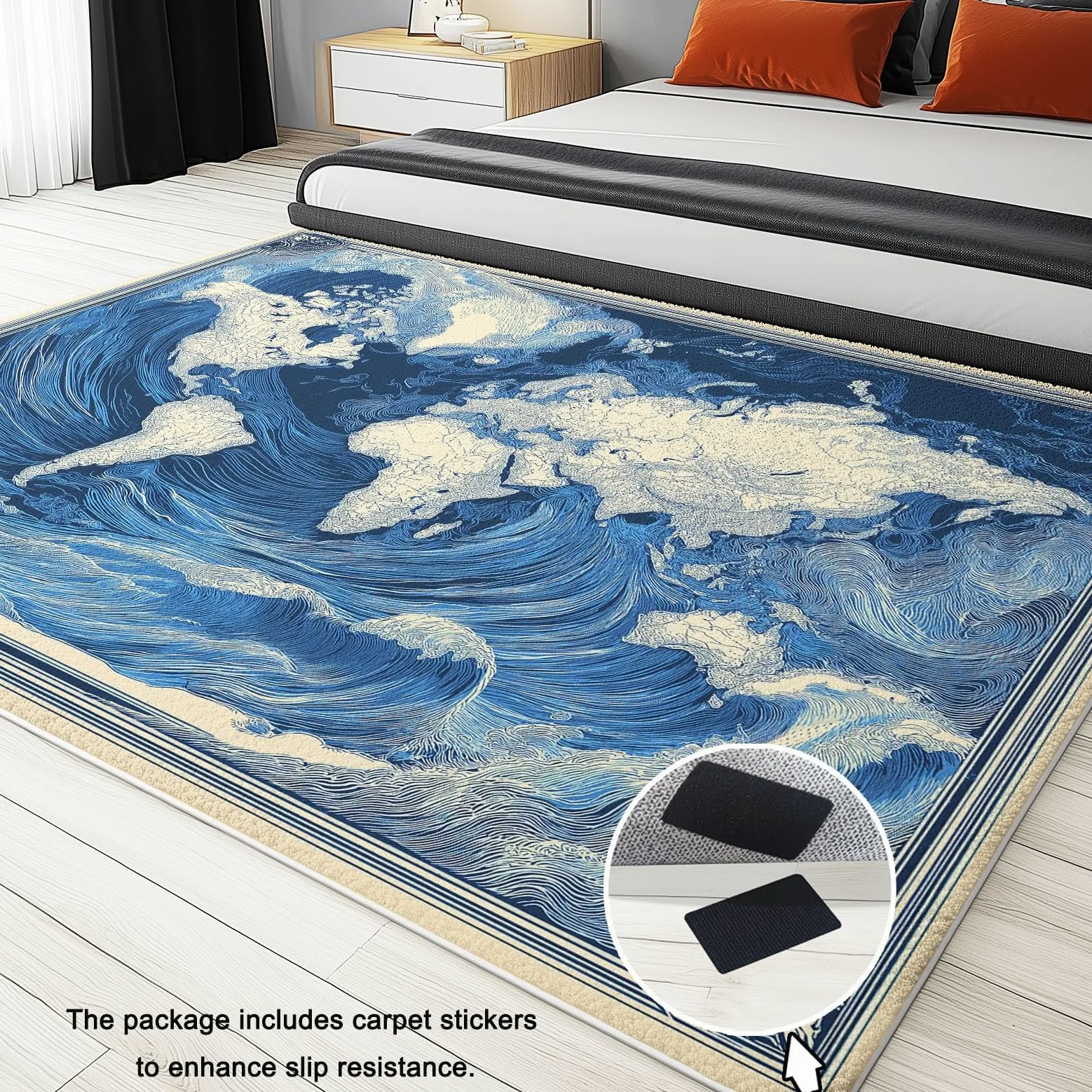 Générique Tapis Salon Affiche Rétro Carte du Monavec Vagues L'Océan 90 x 150 cm Tapis Chambre Impression 3D Moderne, Bleu Moquette Antidérapant Lavable Machine, pour Salon Salle à Manger Bureau