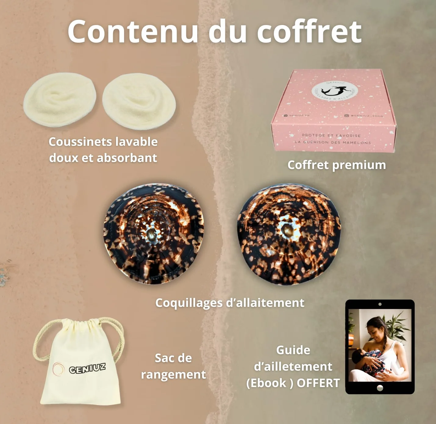 GENIUZ Coquillages Allaitement Coffret Large + Coussin + Ebook