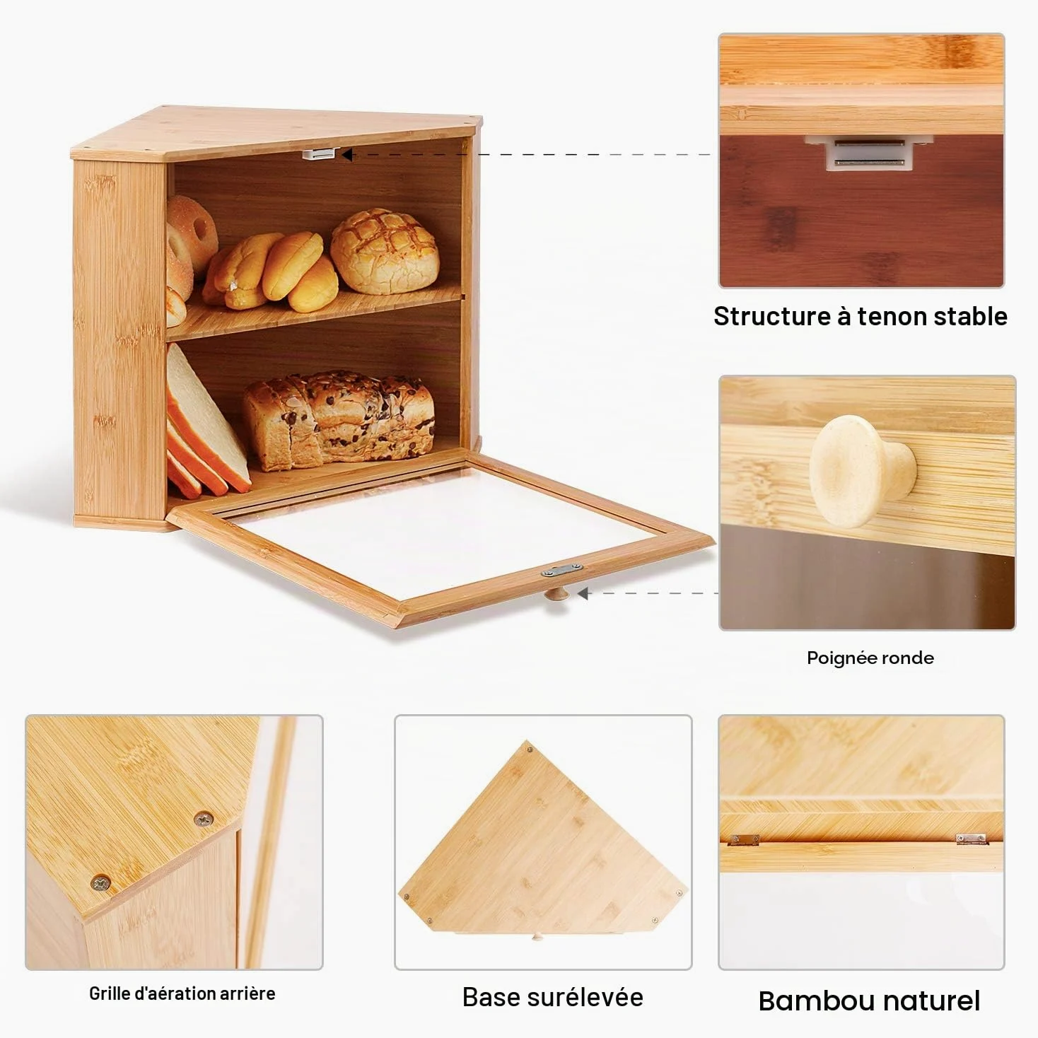 Leader Accessories Boîte à Pain en Bambou 2 Étages d’Angle | Boîte à pain en bambou à 2 étages, design d’angle compact pour pains, baguettes et viennoiseries