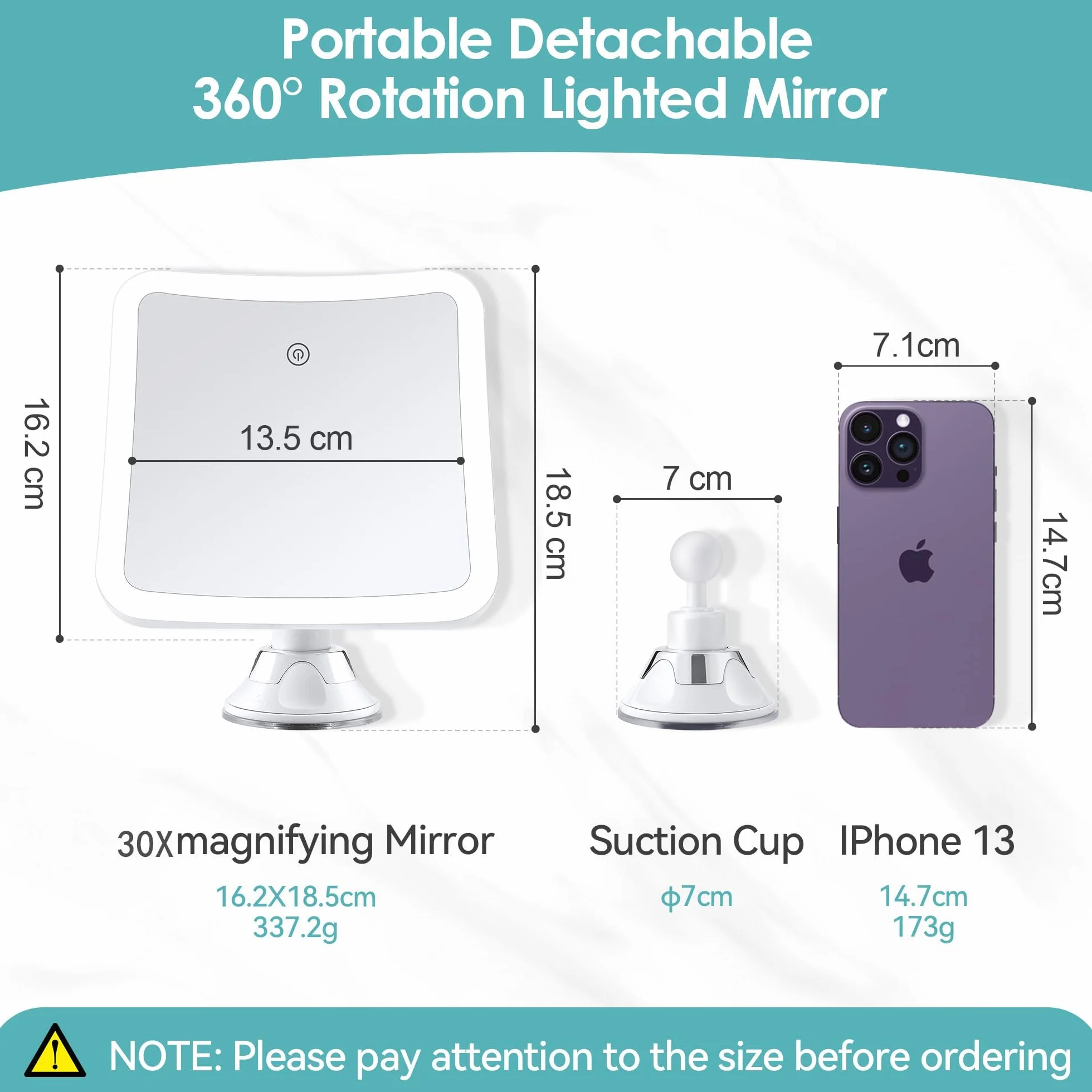 Miroir grossissant 30x avec lumière, maquillage lumineux rechargeable, contrôle tactile, rotation 360°, carré salle de bain voyage