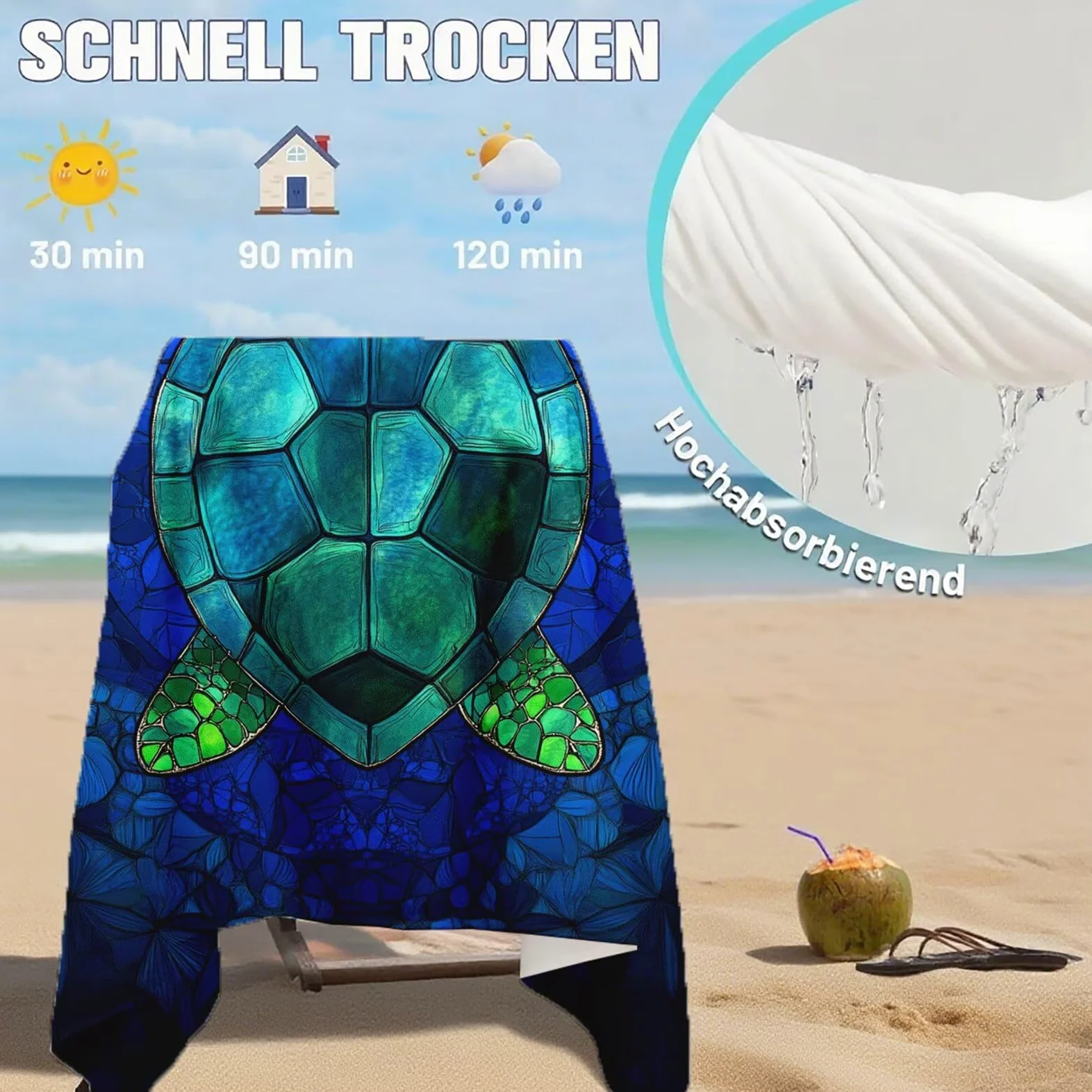 Serviette Plage Tortues de mer Motif, Serviette de Plage XXL 100x180 avec Sac, Serviettes de Bain Microfibre Séchage Rapide Anti-Sable Absorbante Fonction pour Bain Sport Voyages Sauna Piscine Q-700