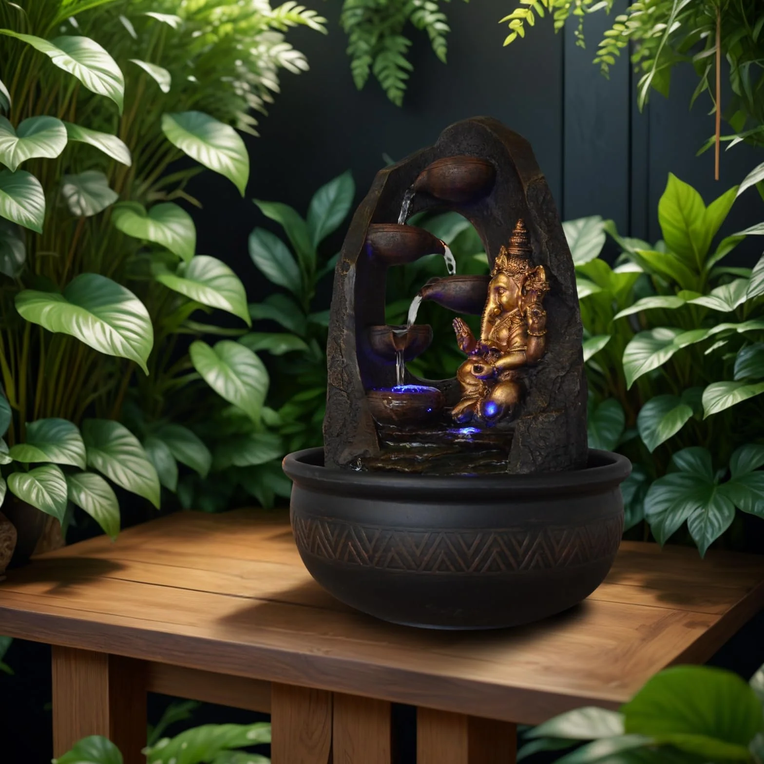 Fontaine d'Intérieur Bouddha Ganesh avec Lumière LED Colorée Feng Shui Zen H 40cm Mystic Zen'Light