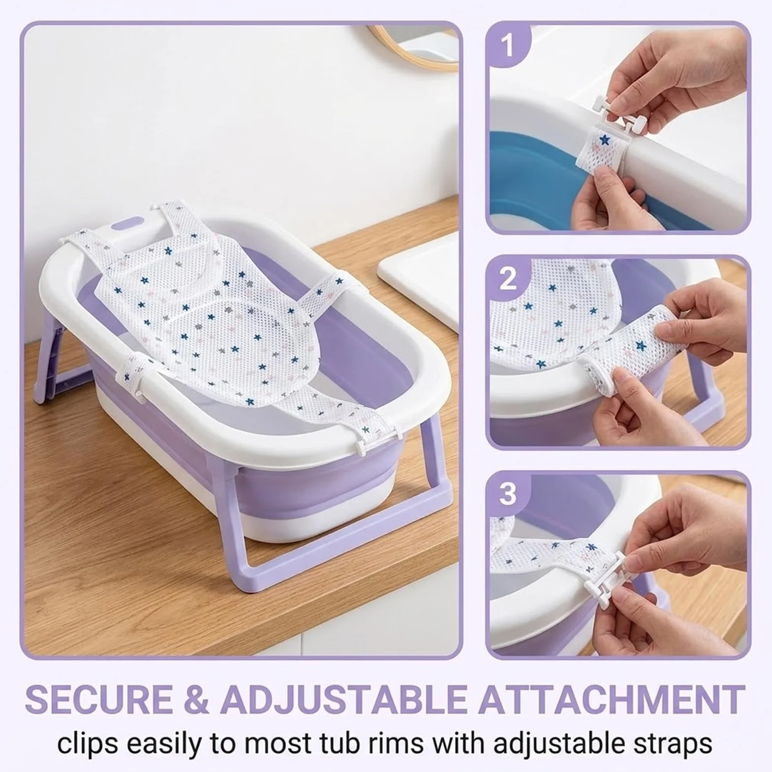 Coussin de Bain Ajustable Antidérapant pour Bébés 6-24 Mois avec 2 Brosses à Shampooing