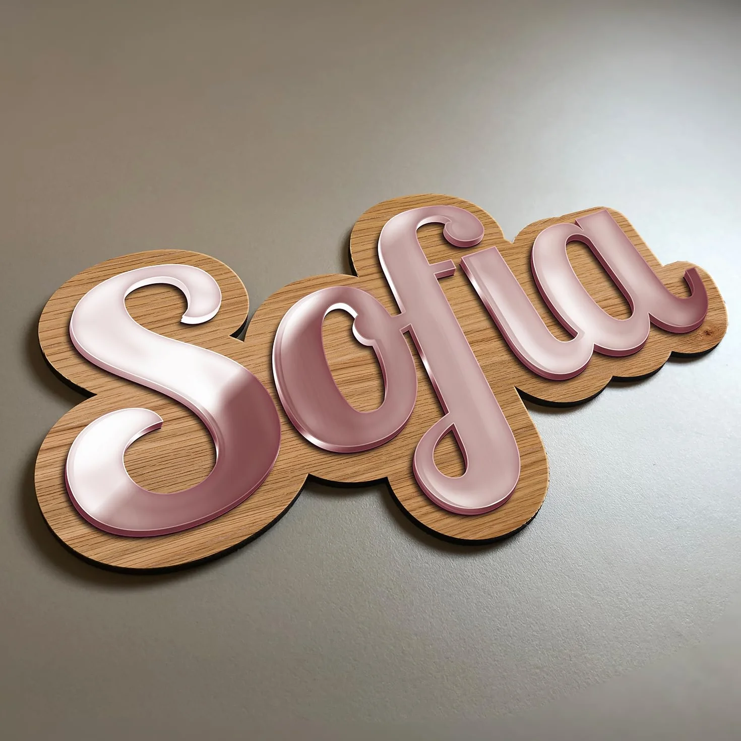 Plaque En Bois & Miroir Lettres Découpées Prénom Pour Porte De Chambre Personnalisable (LUXE) Fond Chêne Prénom Miroir ROSE