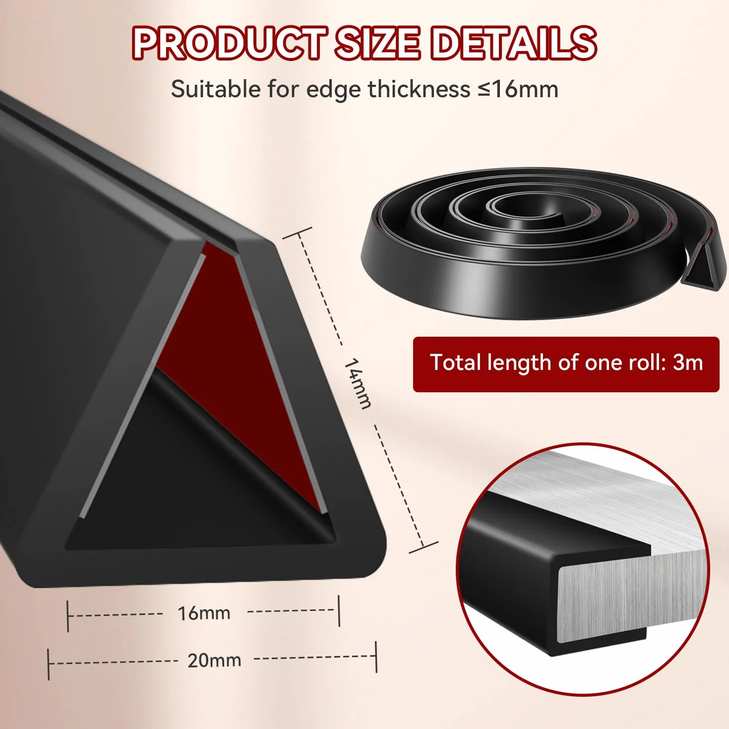 Bande de Chant en U Autocollante Protection Bord Meuble Silicone Noir 16mm 3m