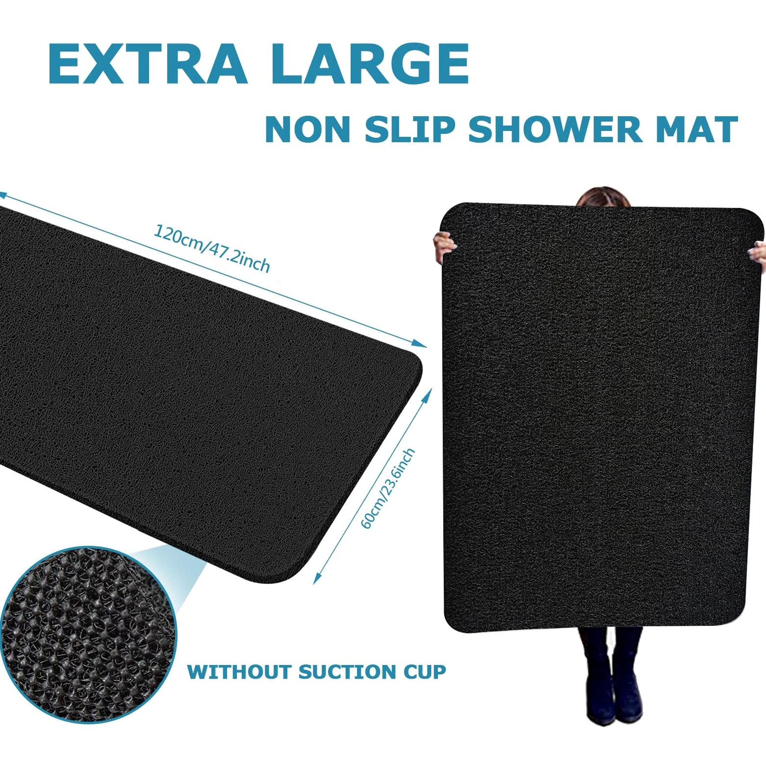 Tapis de douche extra large, antidérapant et sans ventouses - tapis de bain pour surface de baignoire texturée - tapis en luffa à séchage rapide pour douche et salle de bain (60 x 120 cm, noir)