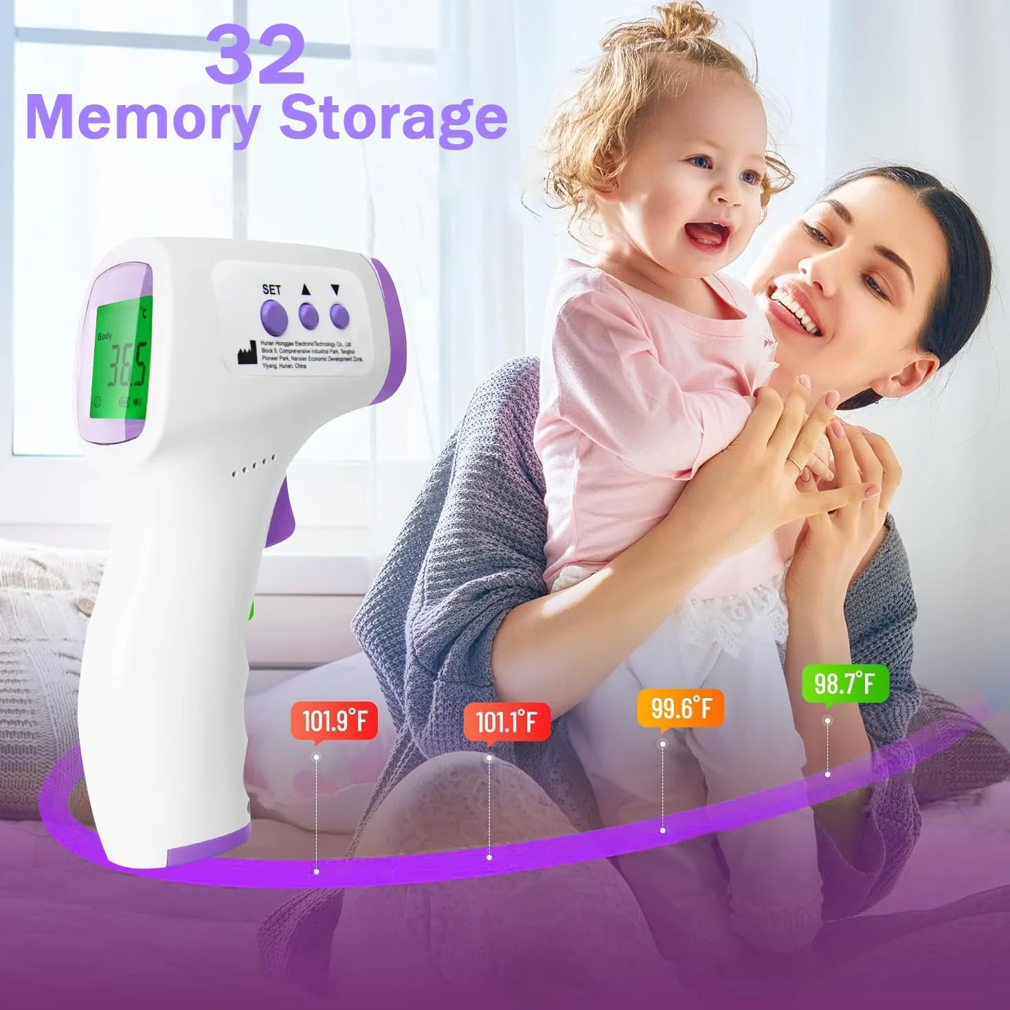 Thermomètre Frontal Sans Contact Adulte Bébé Lecture Instantanée 1s 32 Mémoire Alarme Fièvre