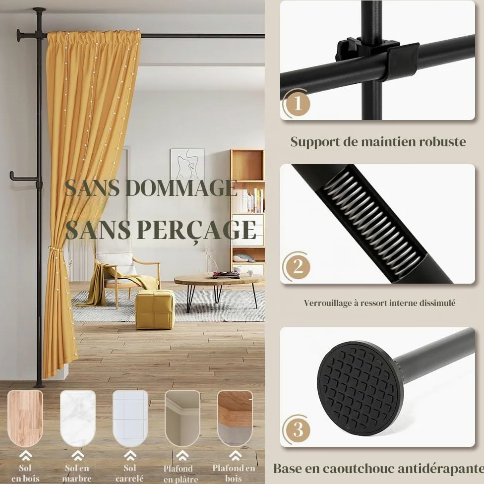 SMONTER Tringle à rideau de séparation de pièce - Barres de rideau sans perçage, tringles à rideau de tension du sol au plafond pour rideaux, séparation de pièce autoportante 110-310 cm réglable extra